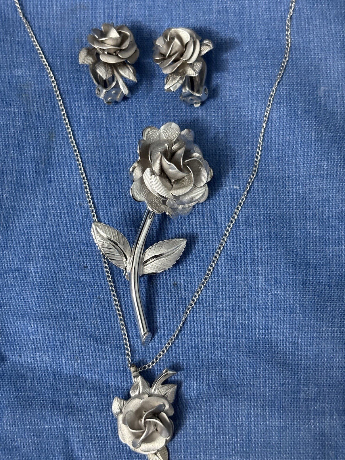 Vintage Sterling Silver AC Necklace Earring Brooch Set Flowers Dimi Parur Sign