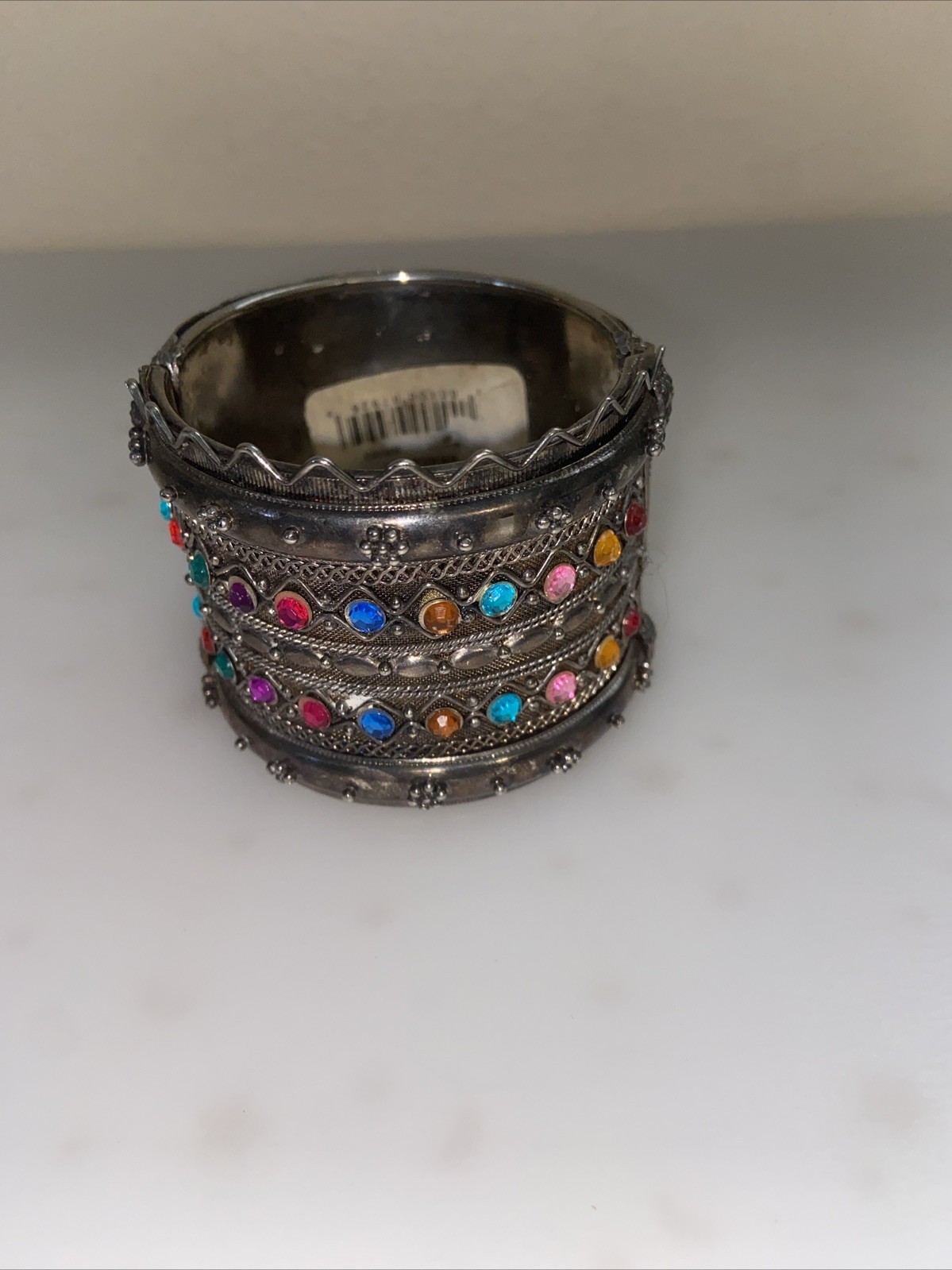 Moroccan 2” Wide Ornate Silver Tone Faux Stones Hinged Belly Dance BRACELET