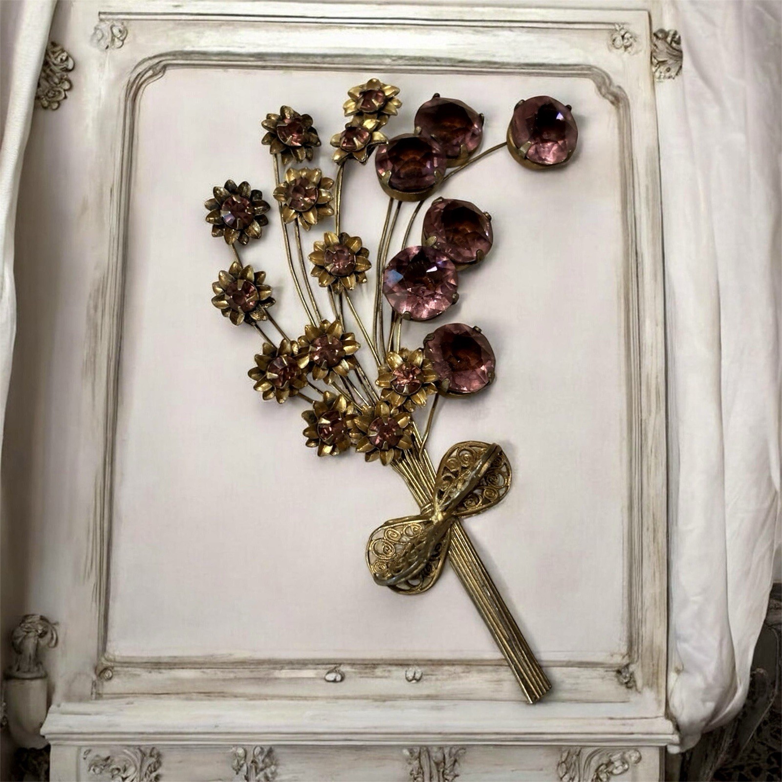 Vintage Gold Vermeil Sterling Silver Amethyst Color Floral Spray Bouquet Brooch