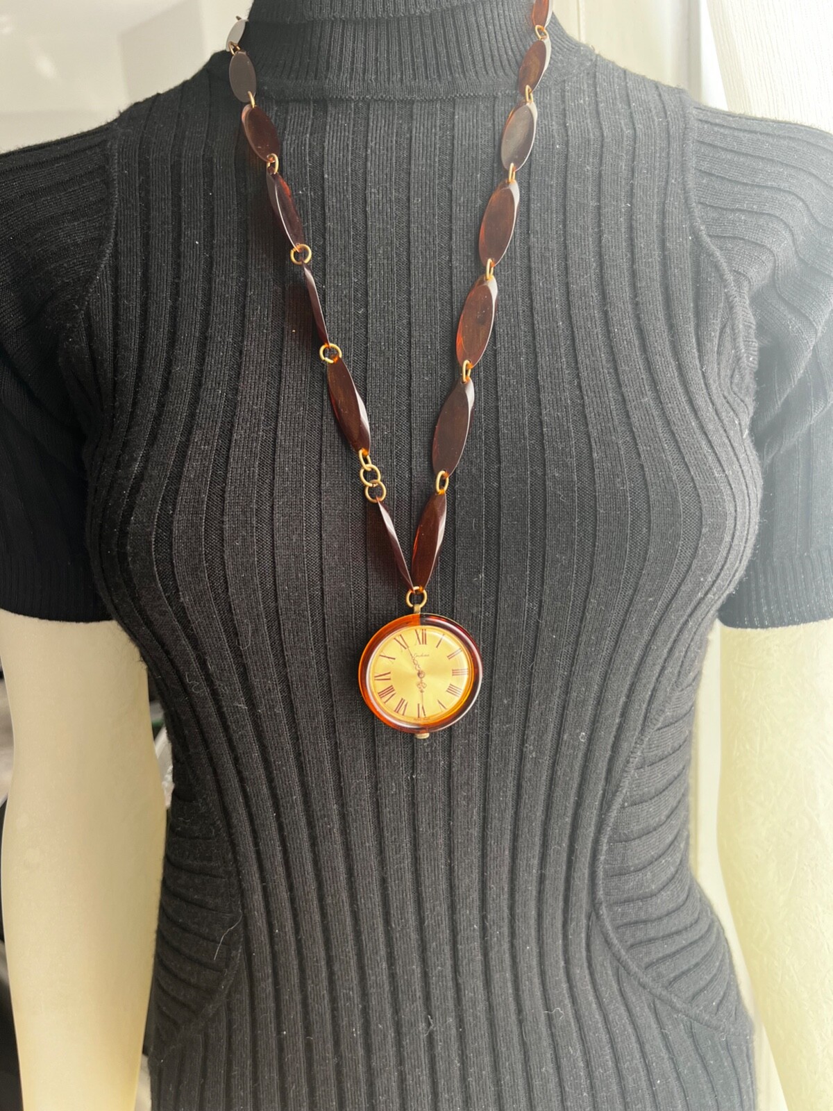 Vintage Bakelite Watch Pendant Faux Tortoise Necklace MCM Endura Self Winding