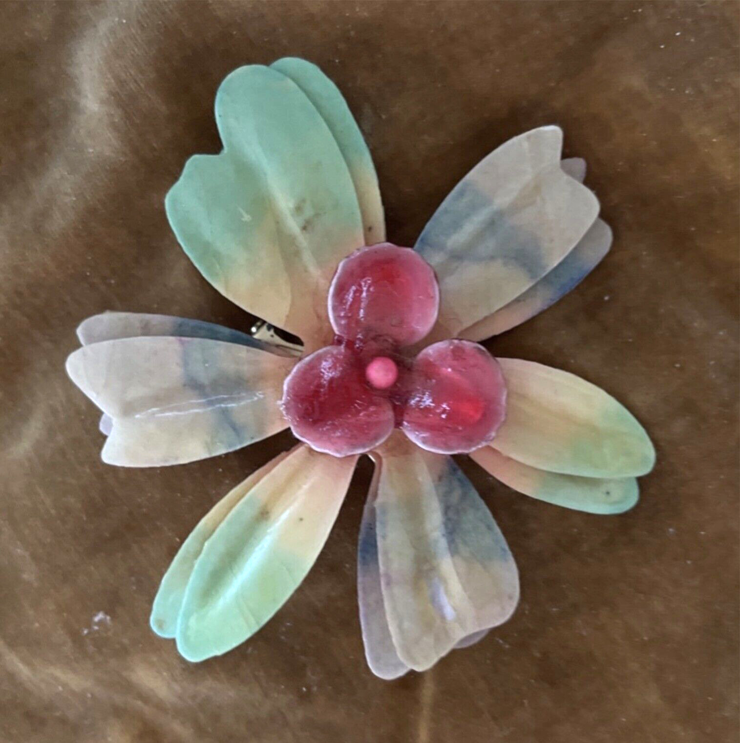 Vintage Large Enamel Flower Pin – lightweight not metal – papier mache? resin?