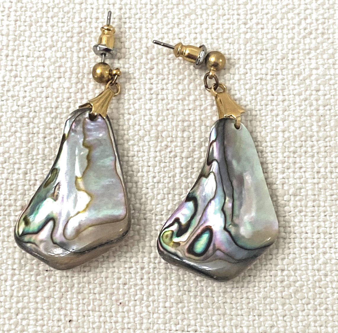 Vintage Style Iridescent Blue Green Abalone Shell Dangle Earrings Pear Shape