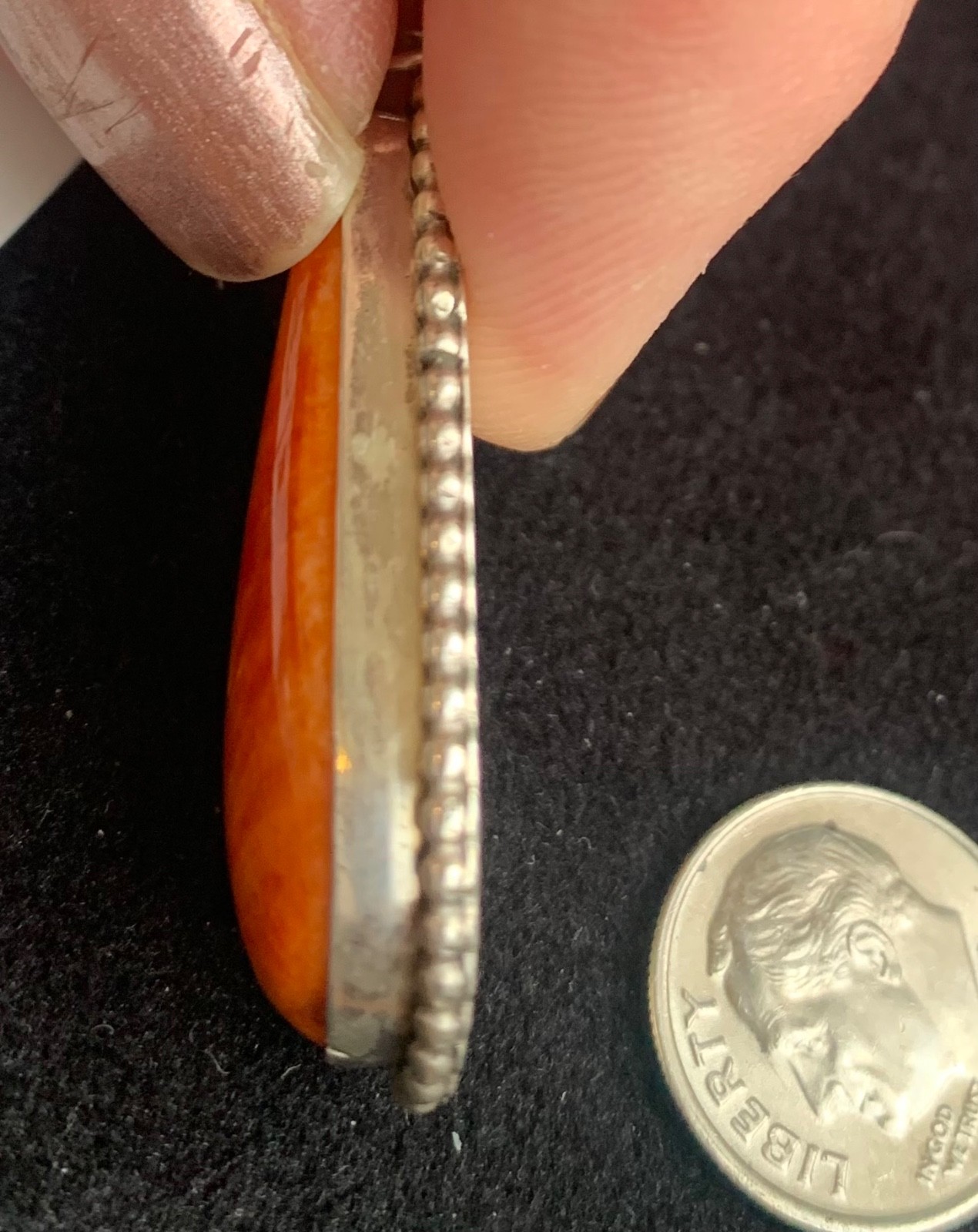 SW Sterling Silver Spiny Oyster Shell Pendant, Large Teardrop Cabochon Signed AC