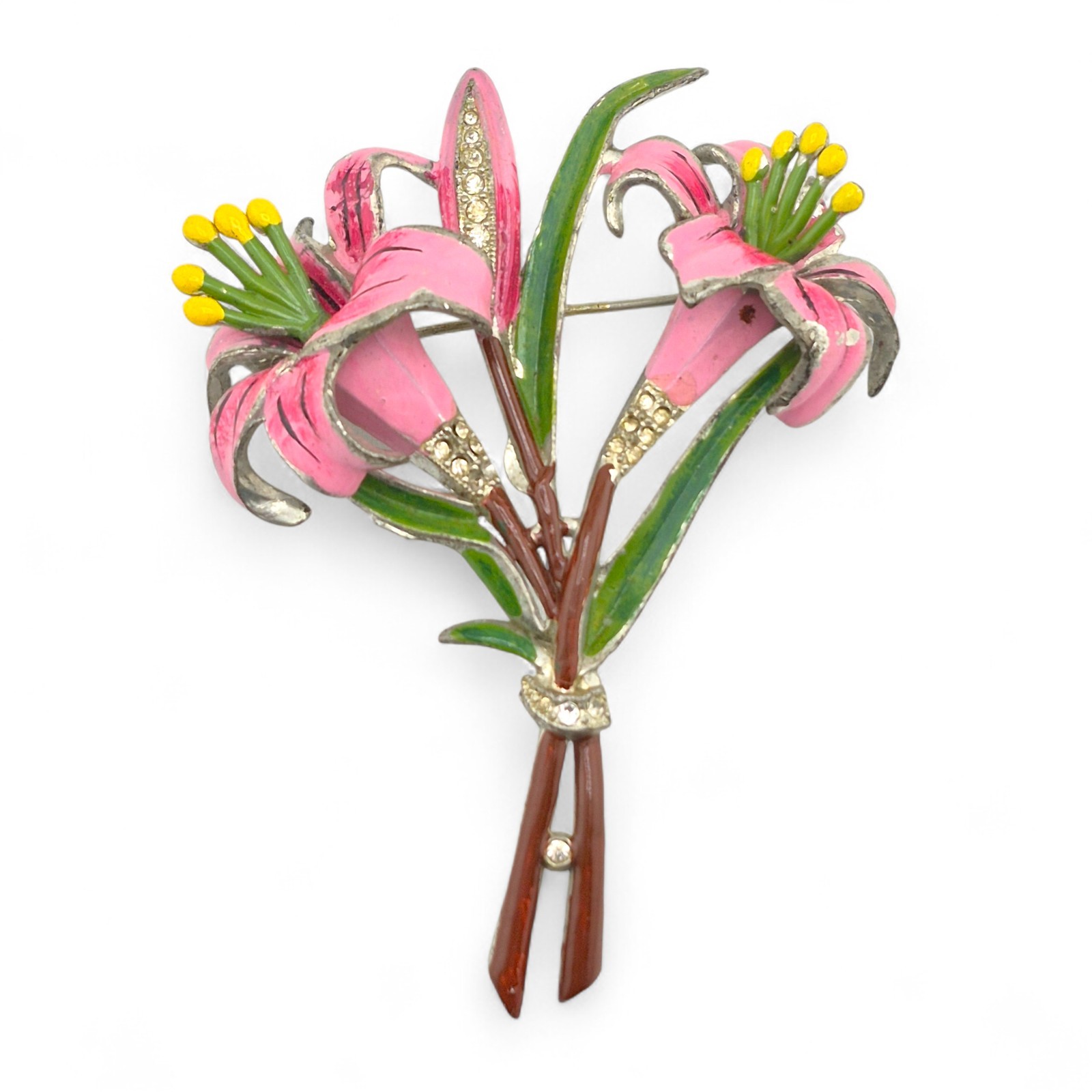 Vintage Coro Trembler Brooch Pink Lily Flower Enamel & Rhinestone Unsigned 3.3in