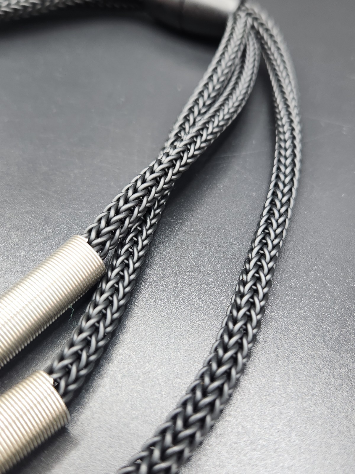 Modernist Multi Strand Black Mesh Woven Cord Necklace With Silver Tone Tubes