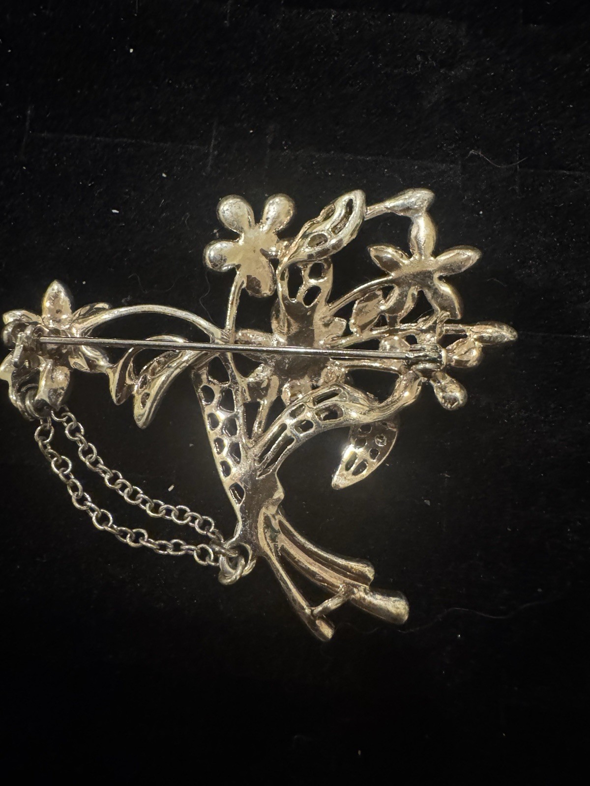 Vintage Floral Bouquet Brooch Enamel Rhinestone Gold Tone Flower Pin Chain