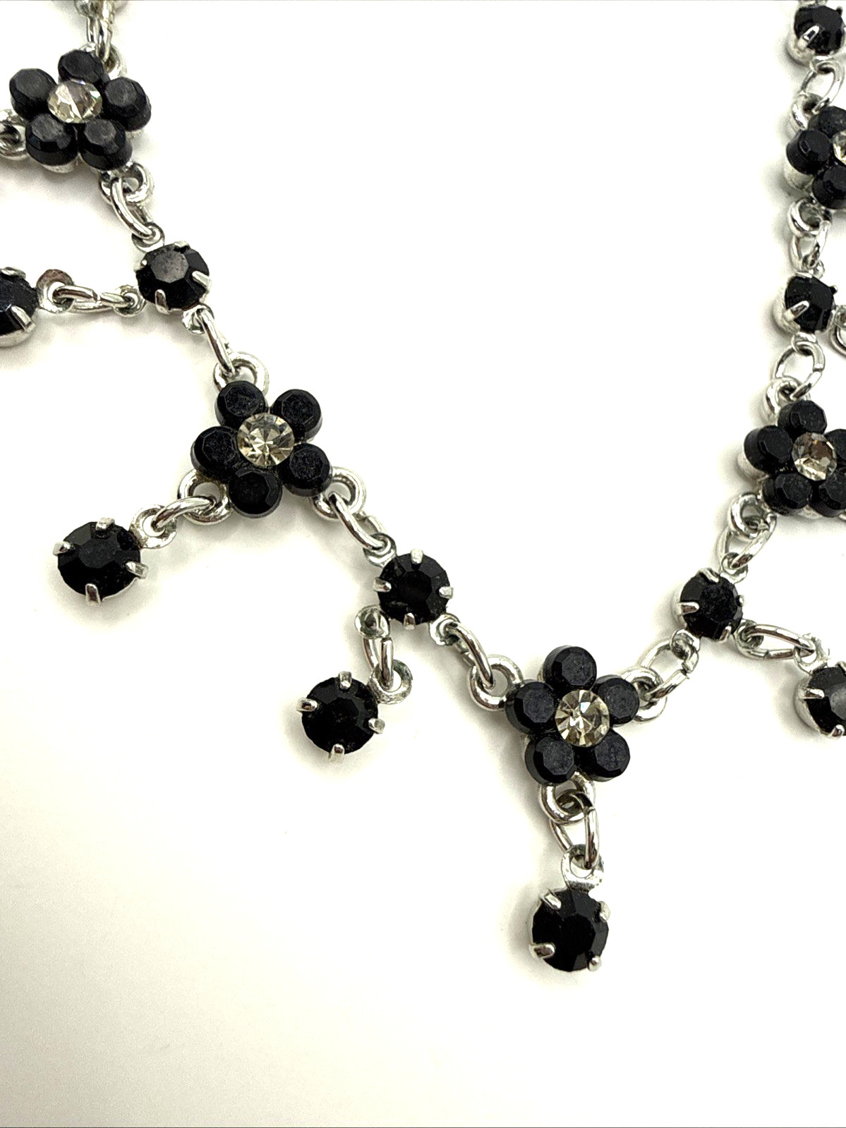 VCLM Dainty Art Deco Necklace Floral Design Black Clear Rhinestones Silver Tone
