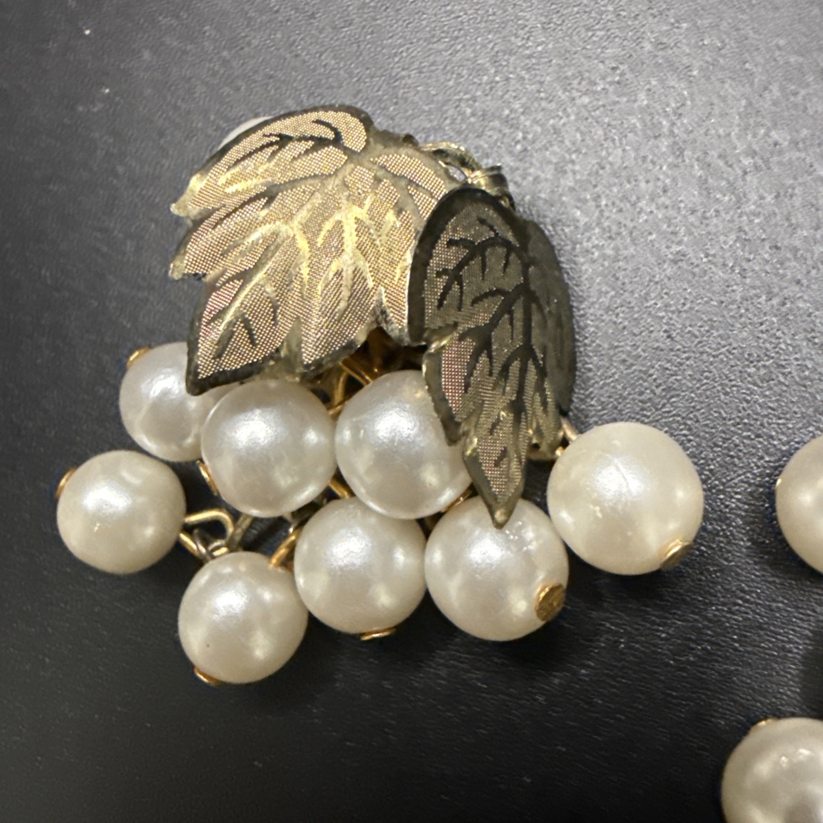2 Vtg Gold Tone Dangling Grape Clusters ~ Brooch Pin Faux Pearls Pendants
