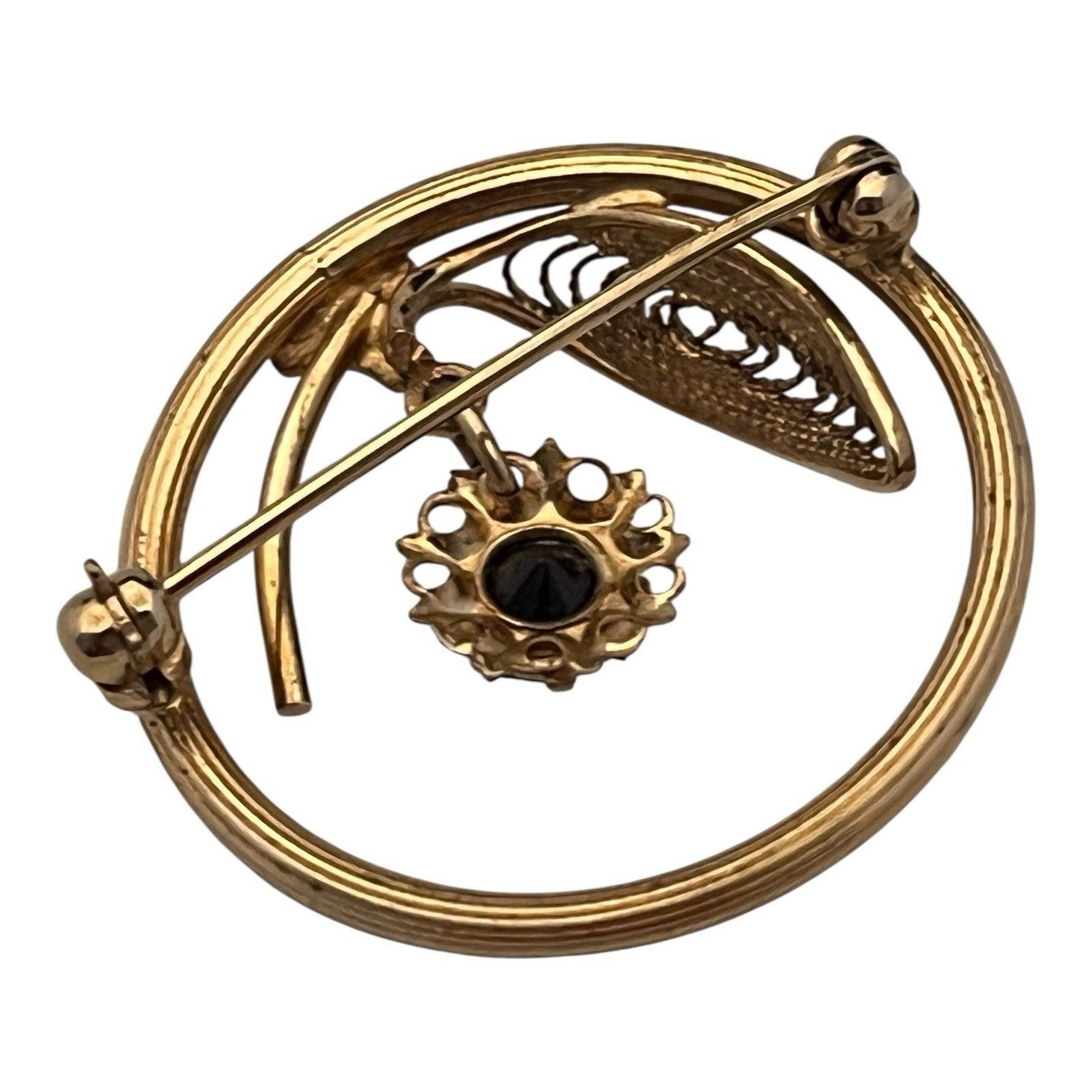 Vintage 1940s Garnet Drop Circle Brooch 14K Gold Overlay Pin – 7S