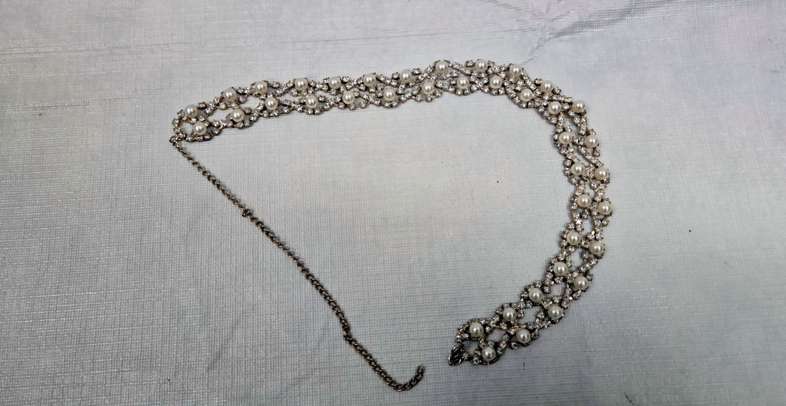 Vintage Faux Pearl & Rhinestone Choker Necklace Adjustable Hook Clasp