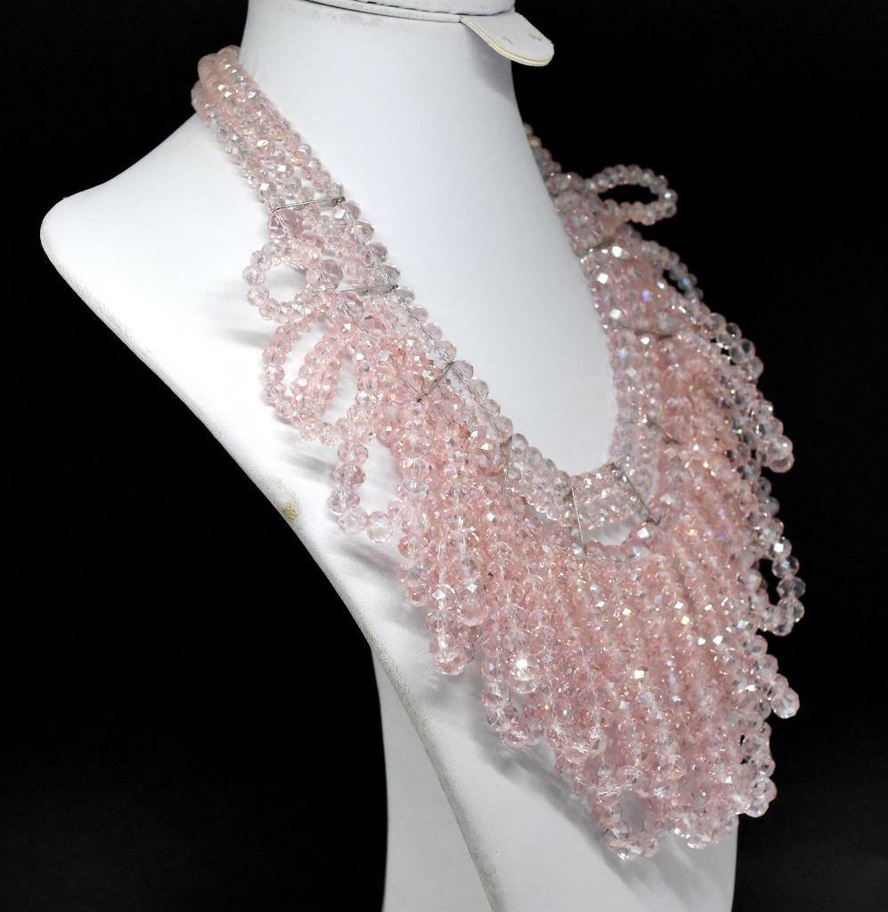 STUNNING Rose PINK Crystal Beaded Bib Draping Loop Necklace Adjustable Clasp