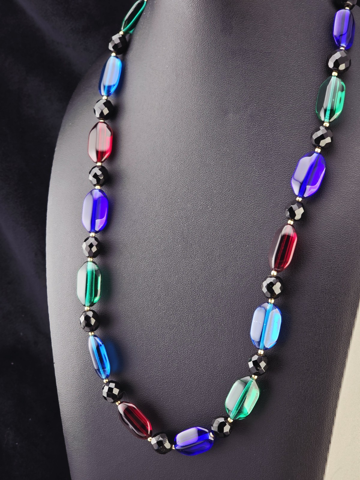 Vintage 1930s Czech Art Glass Necklace Blue & Clear Faceted Beads Handmade