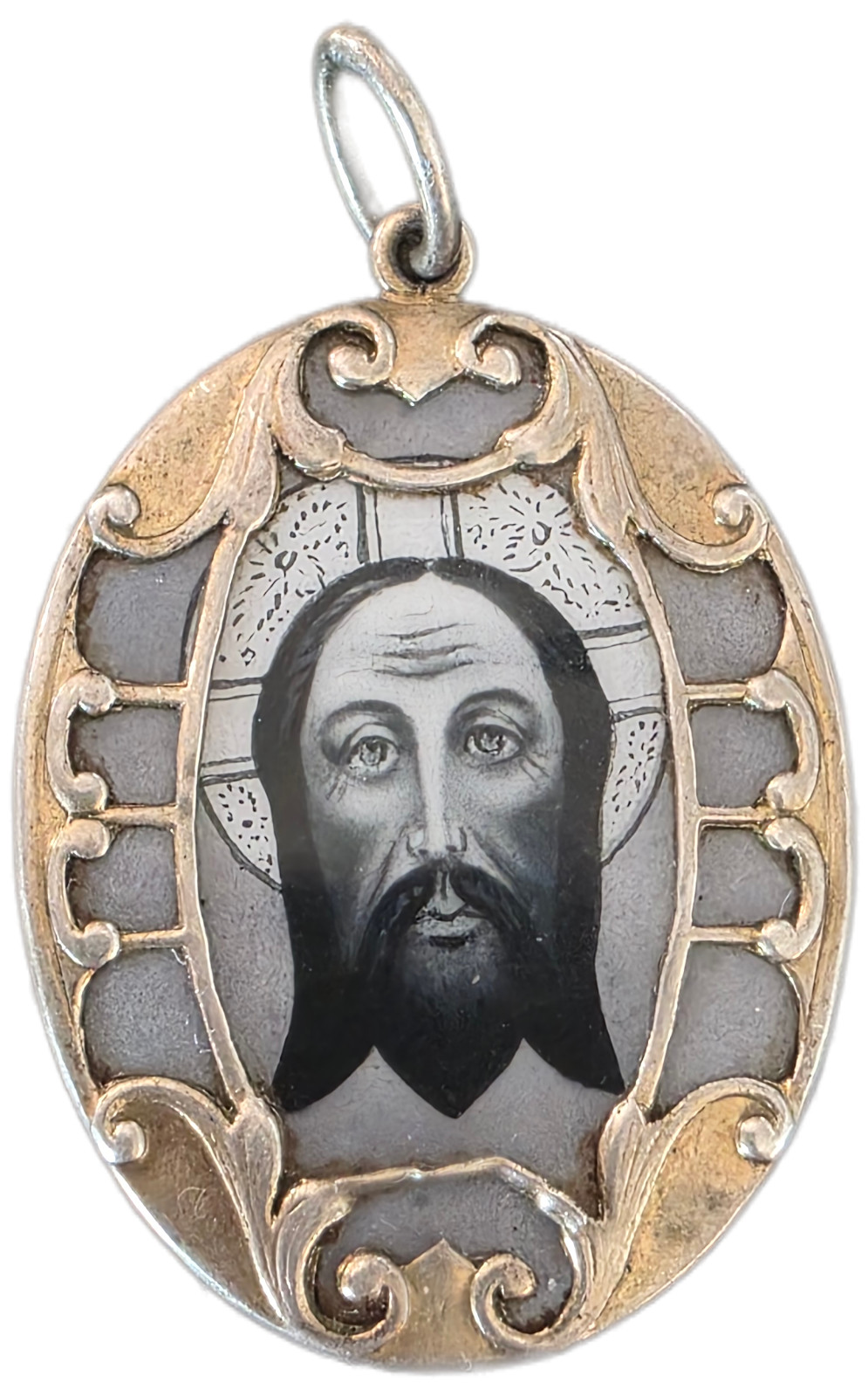 ANTIQUE RELIGIOUS PENDANT WITH THE FACE OF JESUS CHRIST ENAMELED PLAQUE Ca 1900s