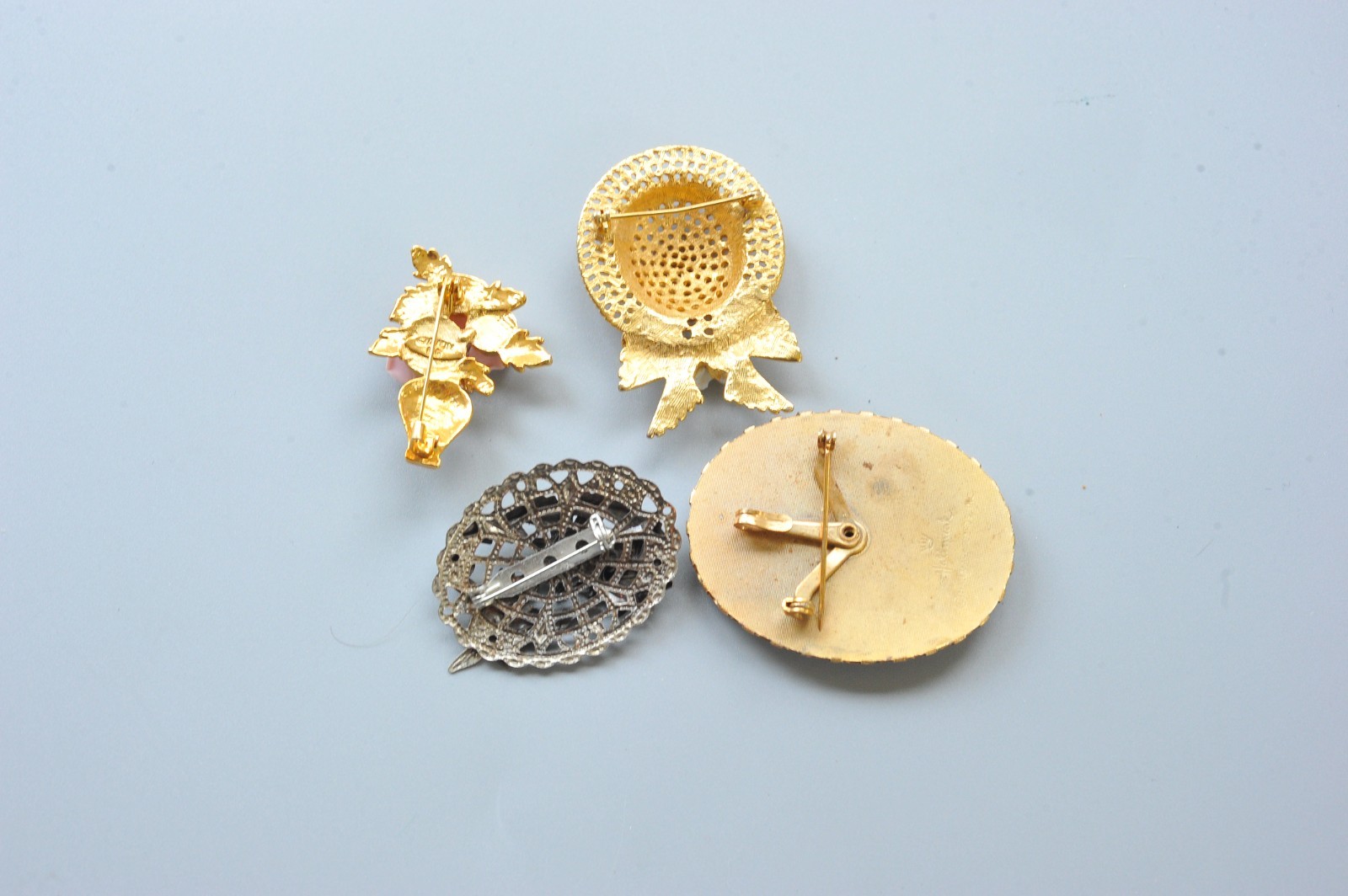 Vtg modern Brooch Lot cameo style flower gardening hat fairy 2 signed MA13