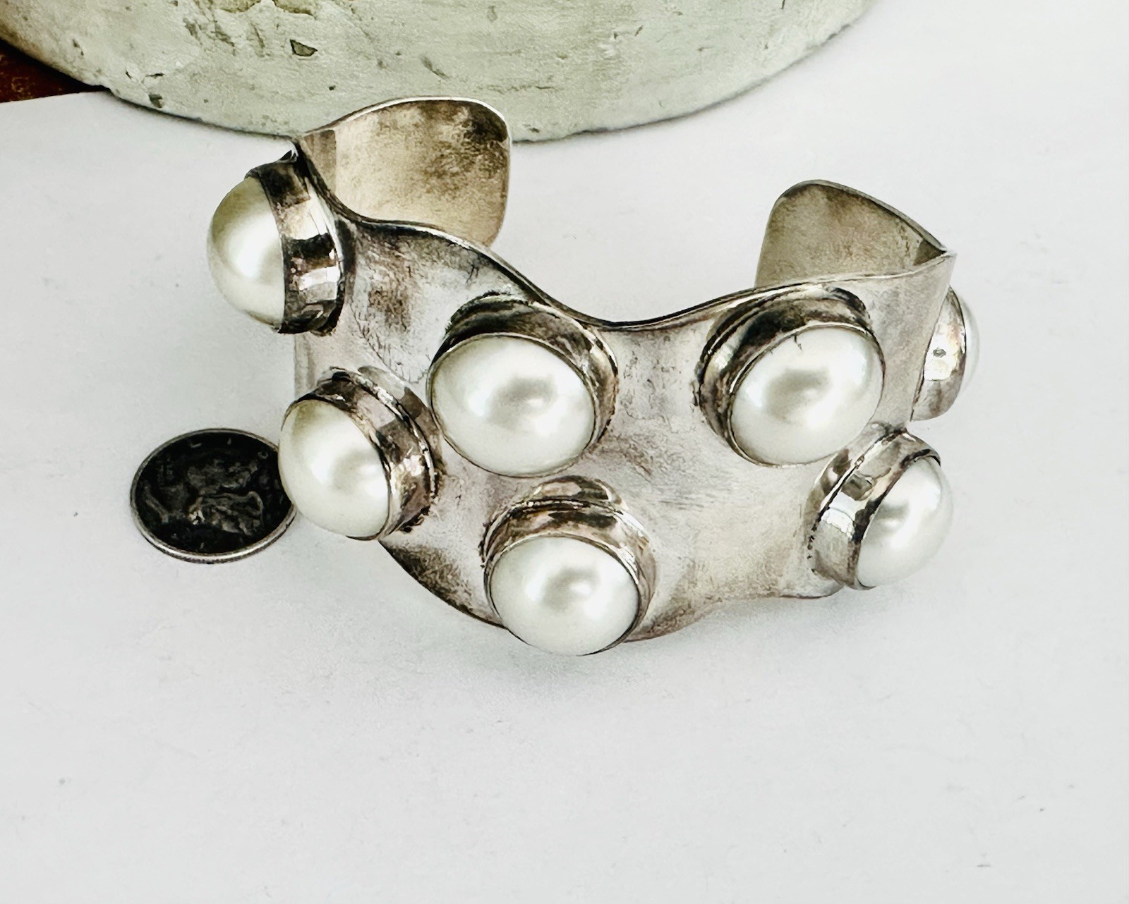 Mexico Southwest Sterling Silver Bracelet Pearl 925 Vintage Signed Modernist 77g