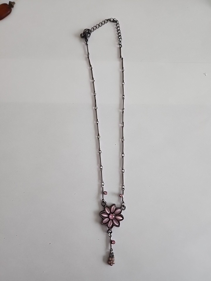Vintage Whimsigoth Pink Flower Necklace Gunmetal Key Link Chain Goth Y2K Grunge