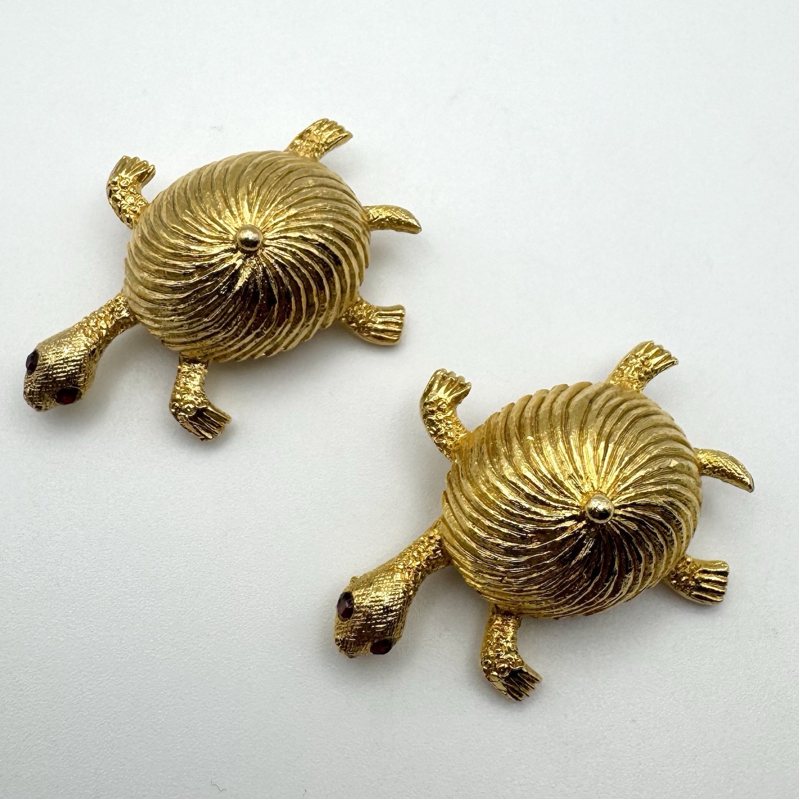 Goldtone Textured Twin Turtle Brooches Red Rhinestone Eyes
