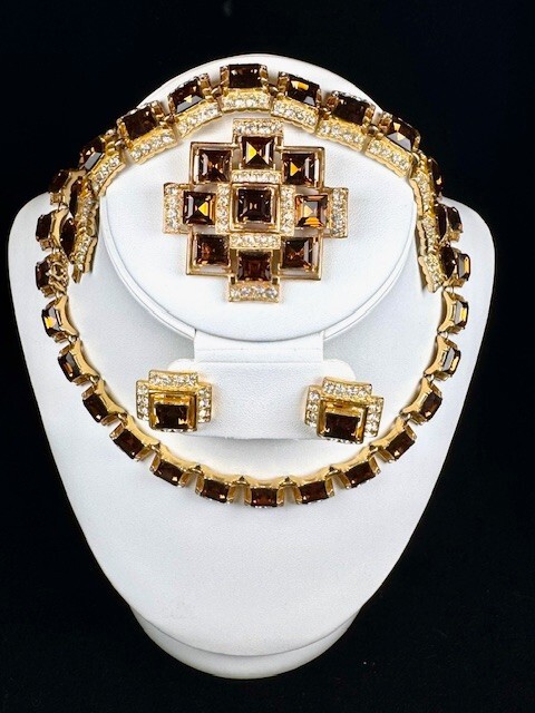 Bogoff “Tawny Topaz” Swarovski Emerald Cut Gold Plate Parure