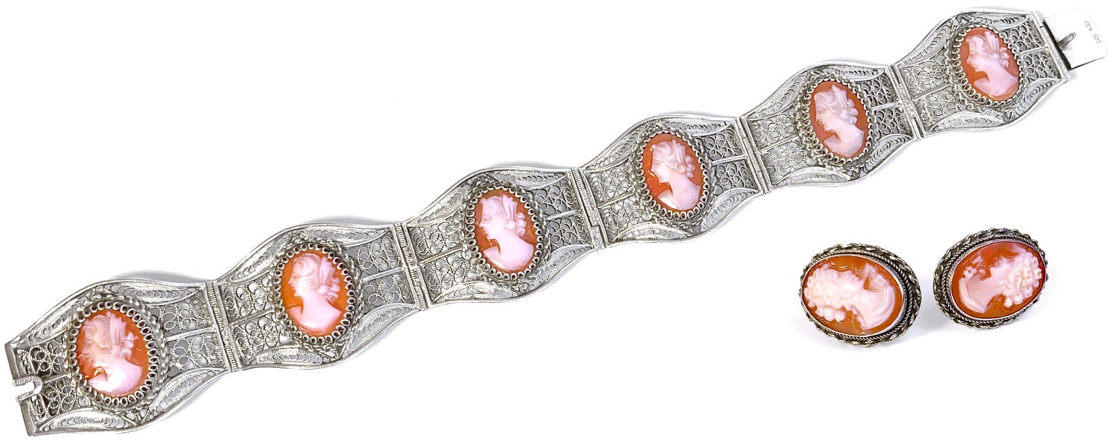 Vintage 6 Cameo Cannetille Bracelet & Cameo Earrings from Italy 800 925 Silver