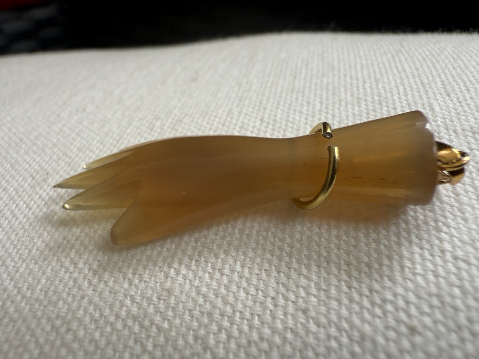 Antique Baltic Amber Hand Pendant Gold Filled Amulet Carved Honey Bony Victorian