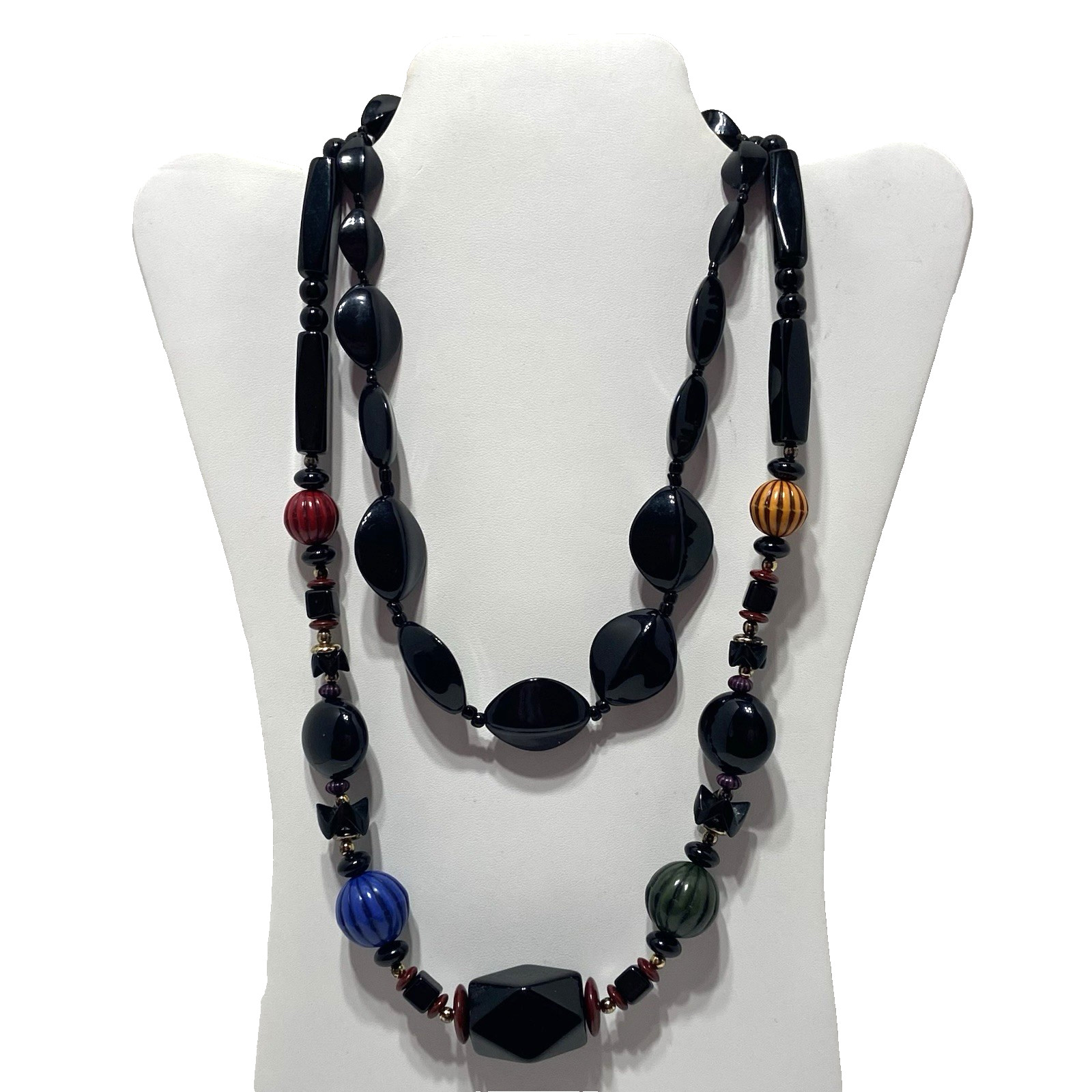 2 VTG 60s Bold Chunky Black Bead Necklaces: Multicolor Mod Lucite 26″ Solid 19″