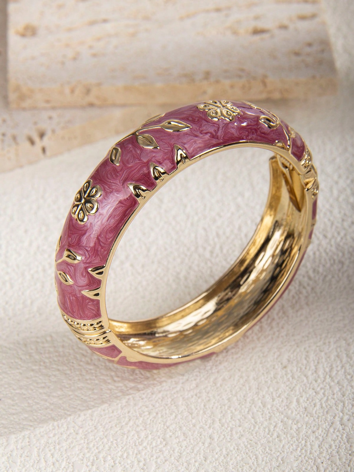 Purple Vintage Floral Enamel Bangle With Gold Detailing For Daily Party