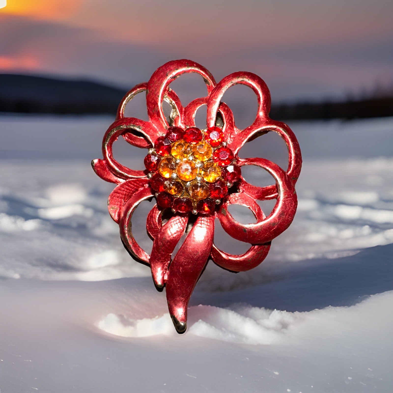 Vintage Brooch Red Ribbons Bow with Yellow & Red Center Stones