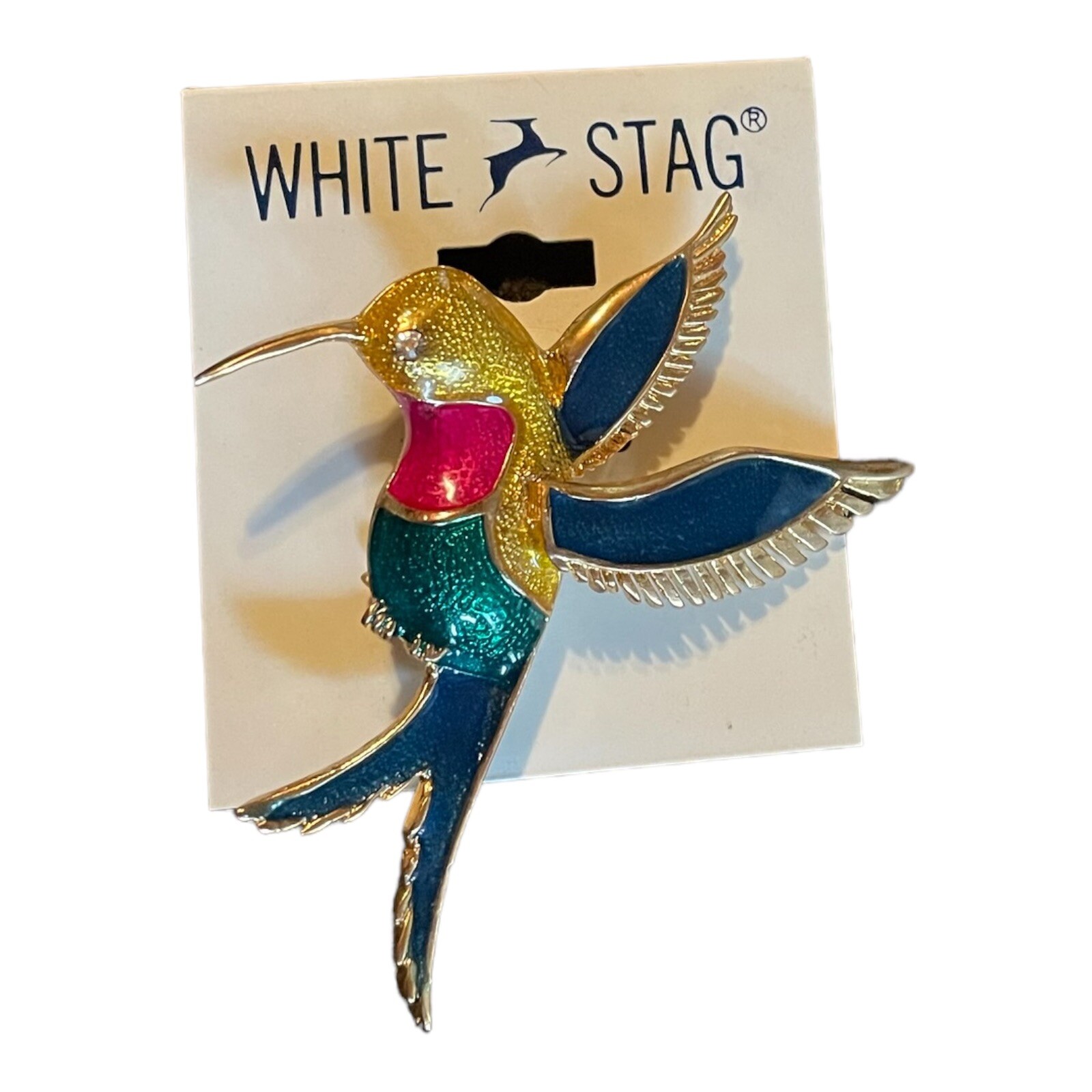 VTG Women’s White Stag Multi Color Enamel Hummingbird Broach Pin Fashion Jewelry