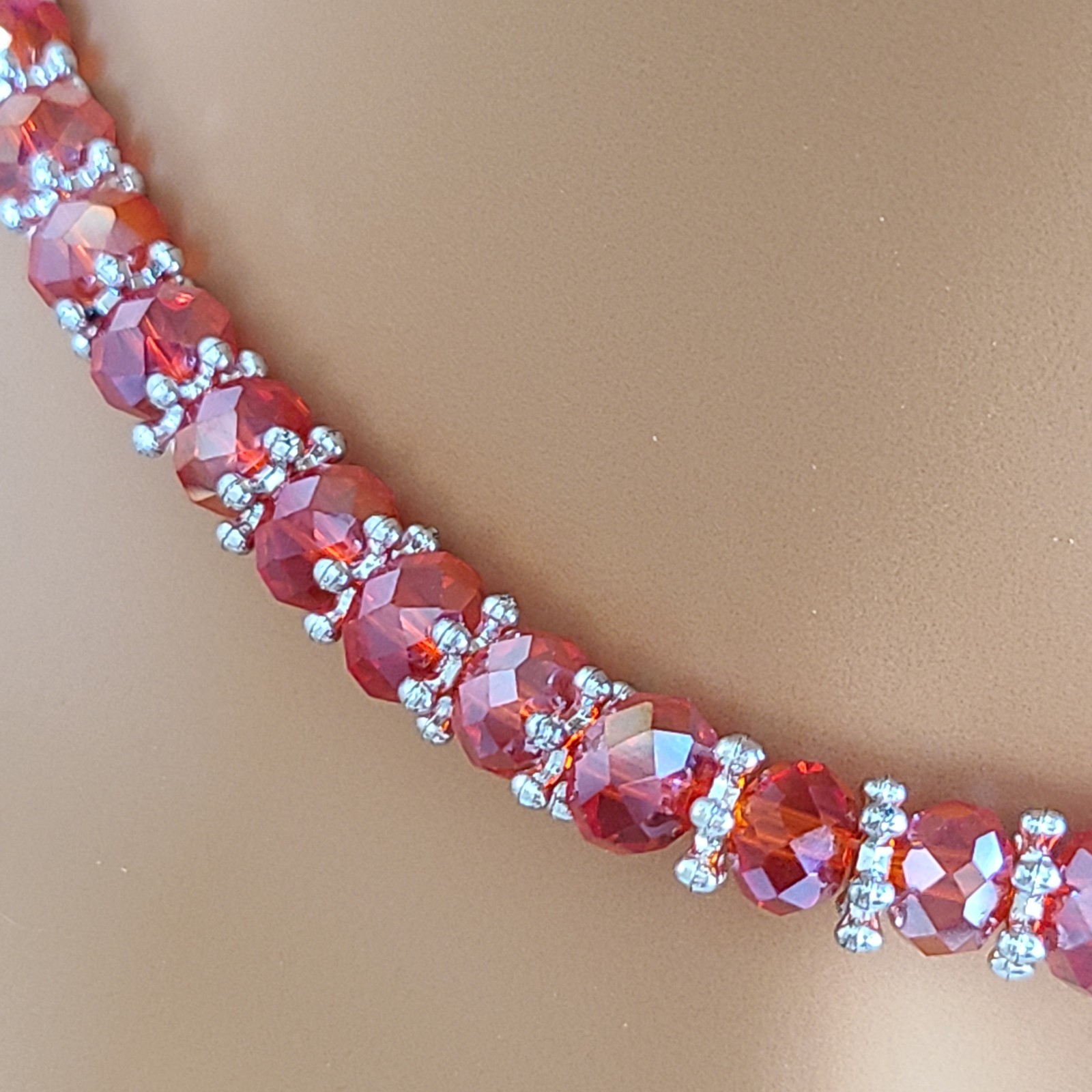 Vintage Fire Red Aurora Borealis AB Faceted Glass Crystal Choker Necklace 18.5”
