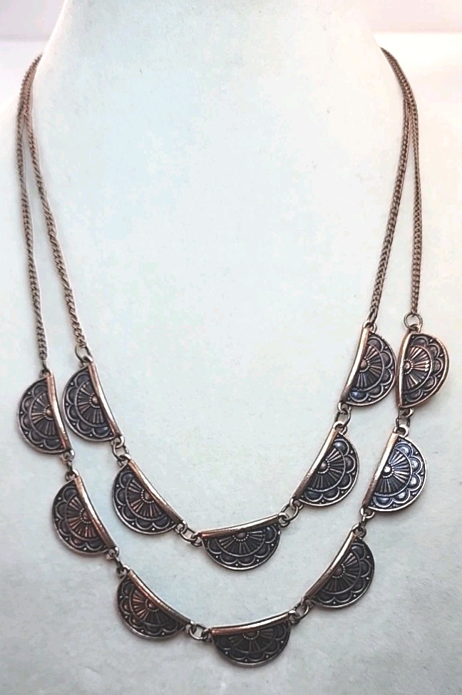 Vintage Coppertone Double Strand Crescent Plate Necklace W/Matching Earrings 20″