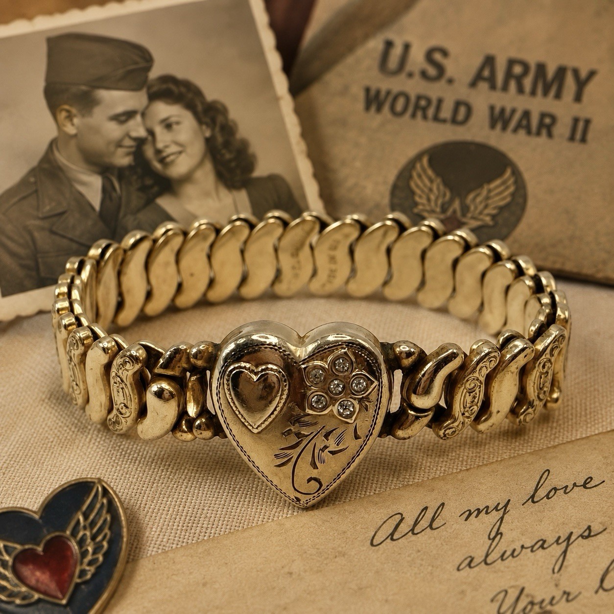 WWII Sweetheart Heart Expansion Bracelet Jewel Guild Gold Filled Rhinestone