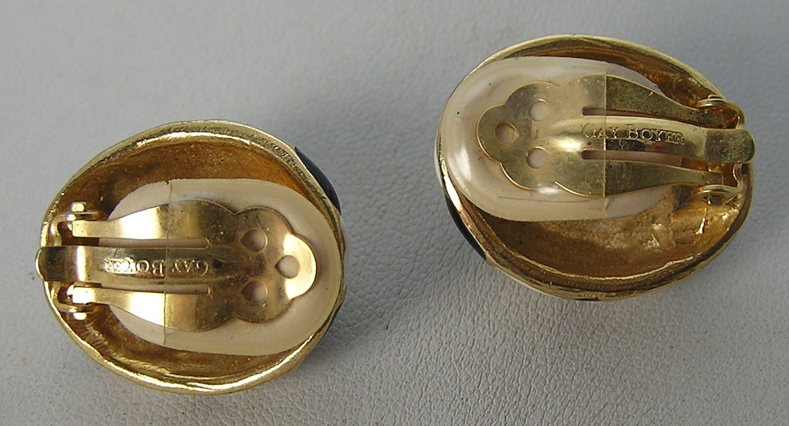 Vintage Gold Tone Gay Boyer Black-White Checkerboard Enamel Domed Oval Earrings