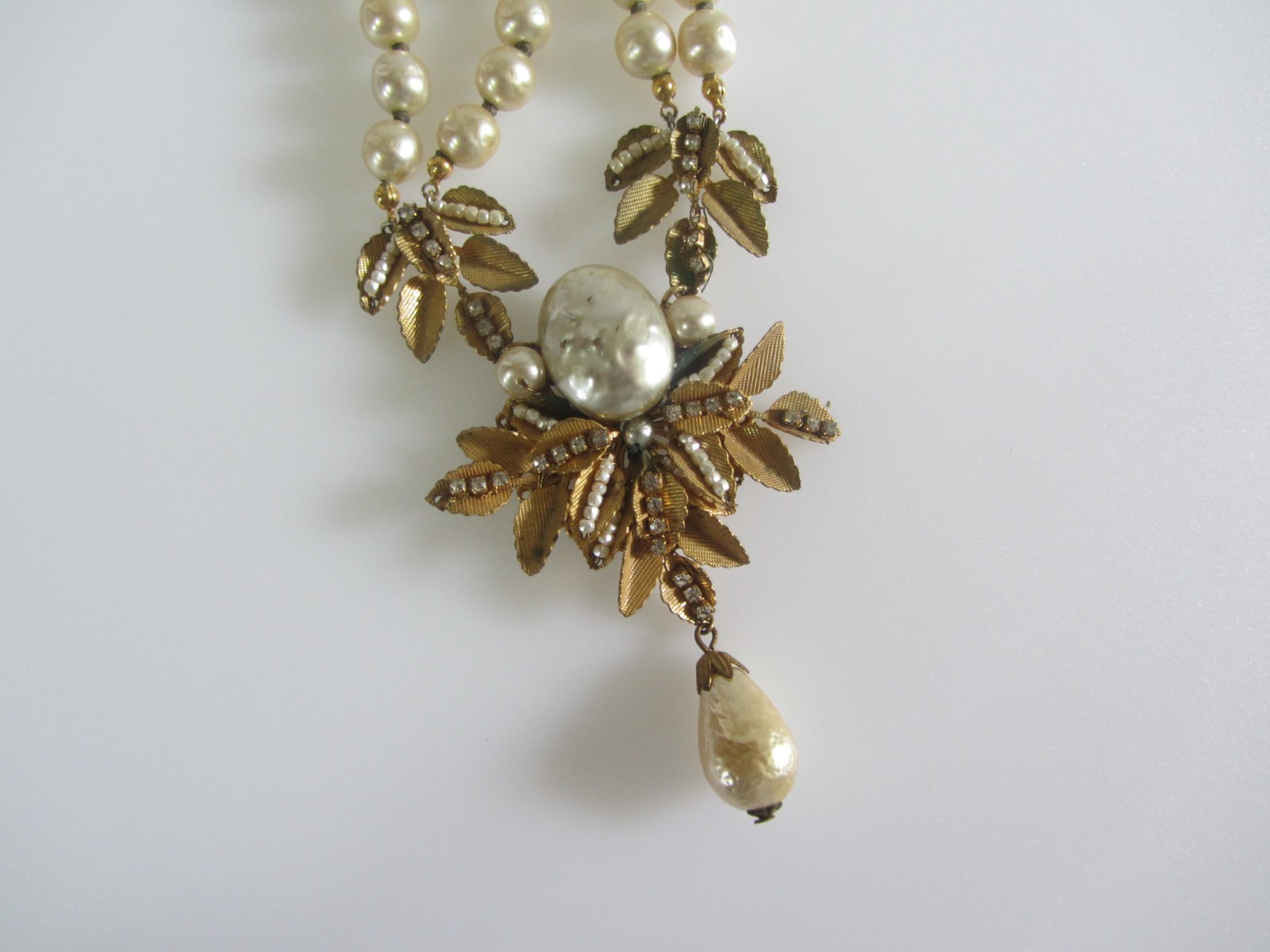 Vintage Signed Miriam Haskell Double Strand Pearl Necklace with Ornate Leaf Pend