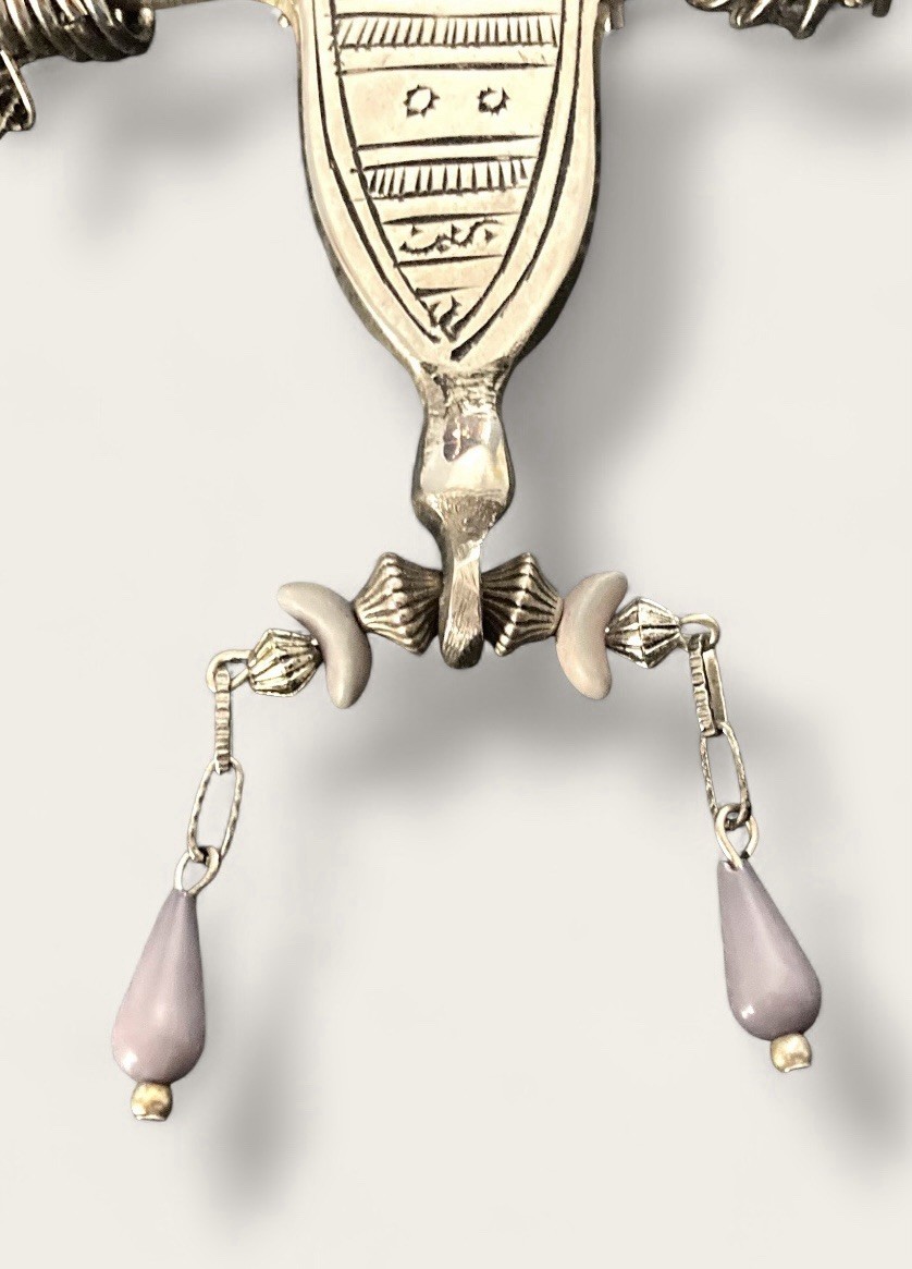 Tuareg Brooch Etched Morocco Silver Tone Lavender Teardrop Stones Swag Chains 5”
