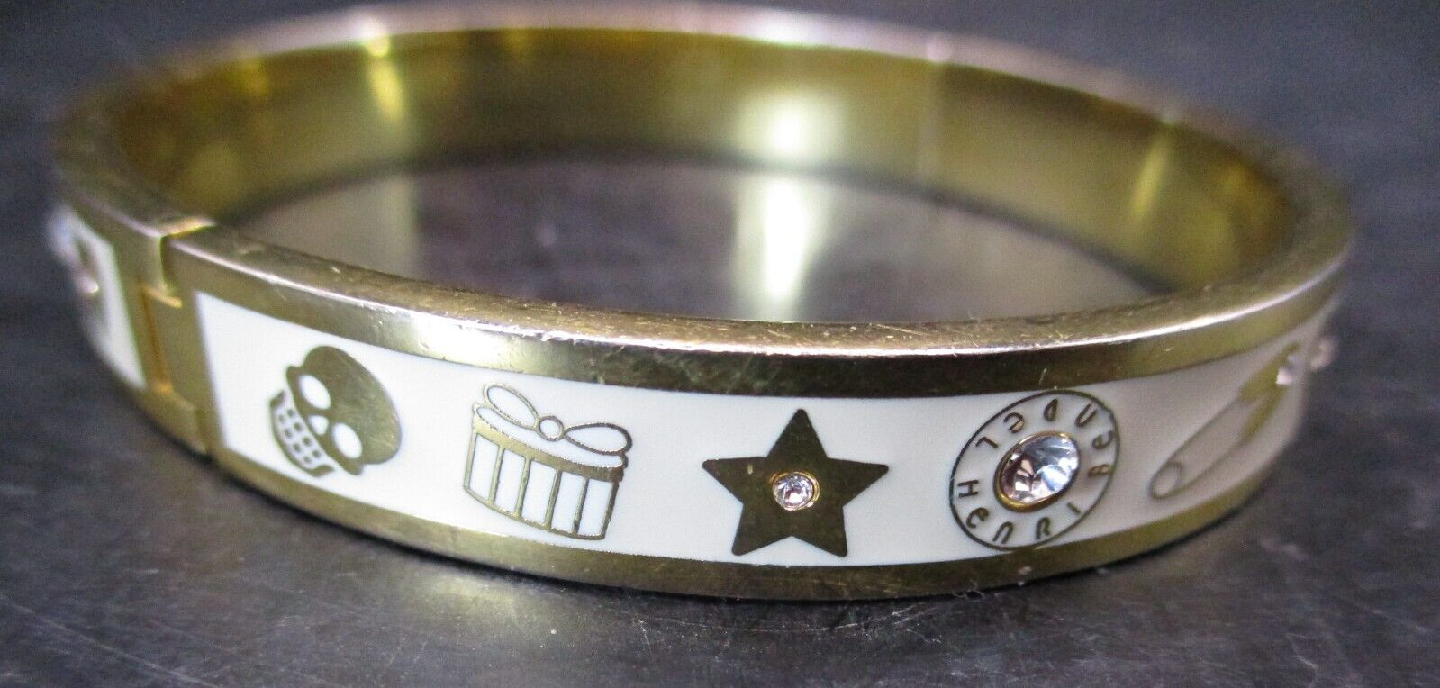 RARE HENRI BENDEL NEW YORK GOLD, CREAM ENAMEL RHINESTONE “LIFE EVENTS” HINGED BA