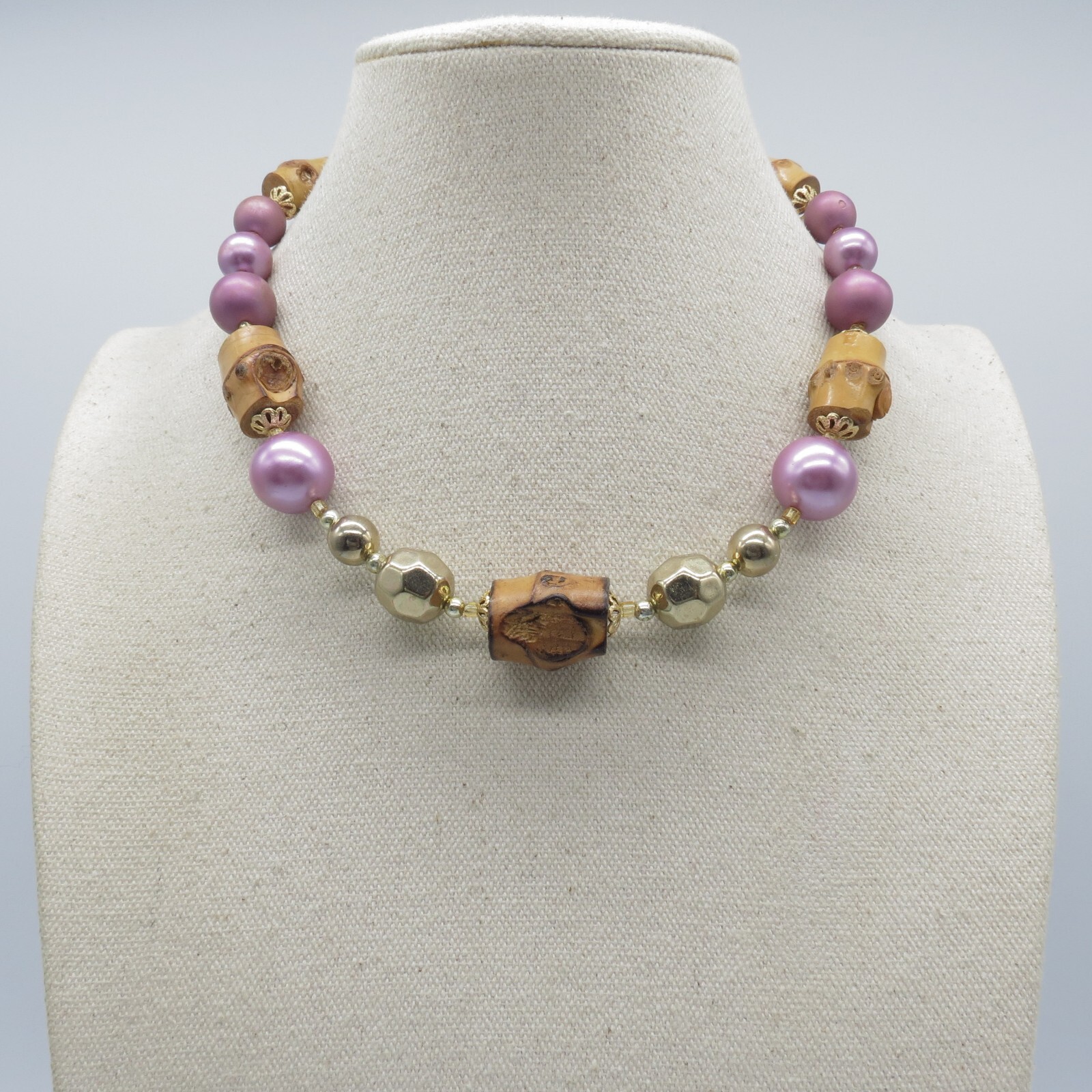 Vintage Japan Bamboo Pink Beaded Necklace Gold Tone Statement 17″