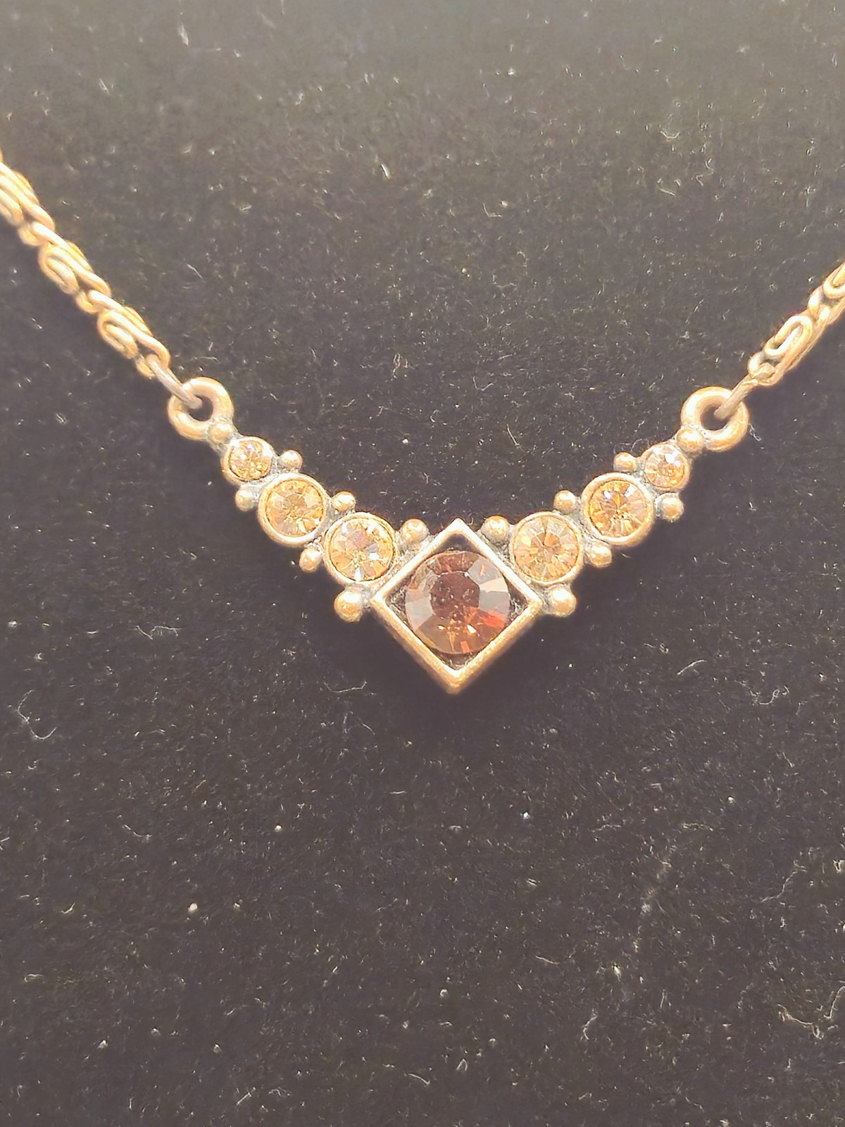 Signed 1928 Gold Tone Amber Rhinestone Necklace Art Deco Vintage Style Crystal