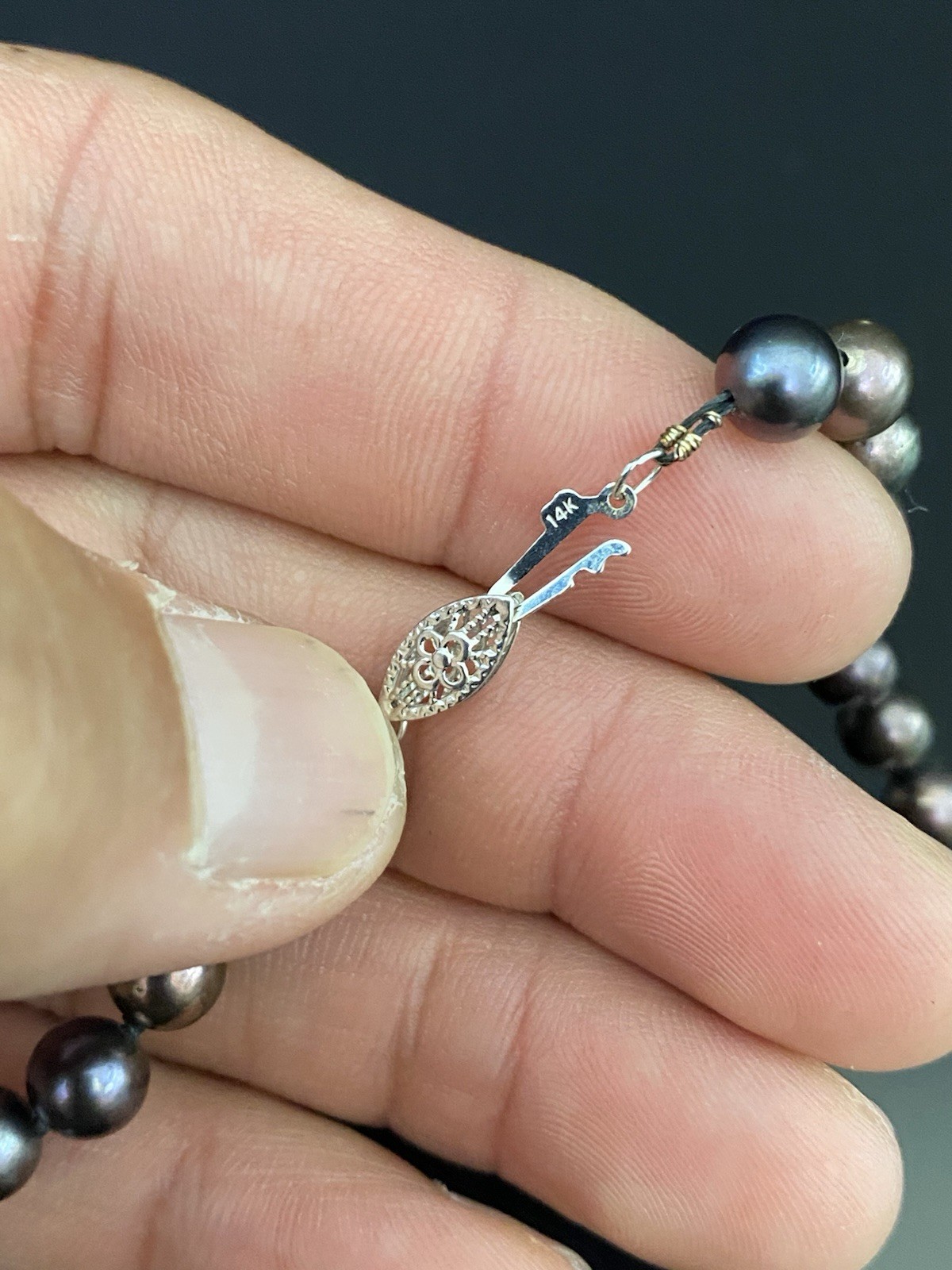 14K White Gold Fish Hook Clasp 6mm Hand Knotted Round Tahitian Pearl Necklace