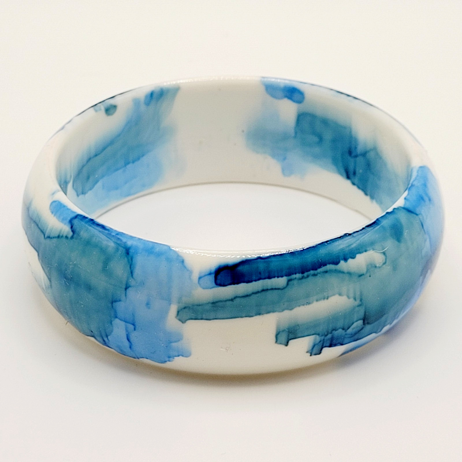 Marbled Watercolor Ink Blot Design Blue White Acrylic Chunky Bangle Bracelet