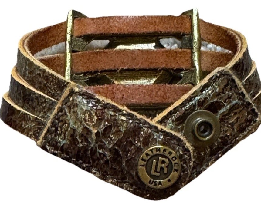 Bracelet LeatherRock Textured Band Turquoise Stone Rhinestone Brass Accents M&W.