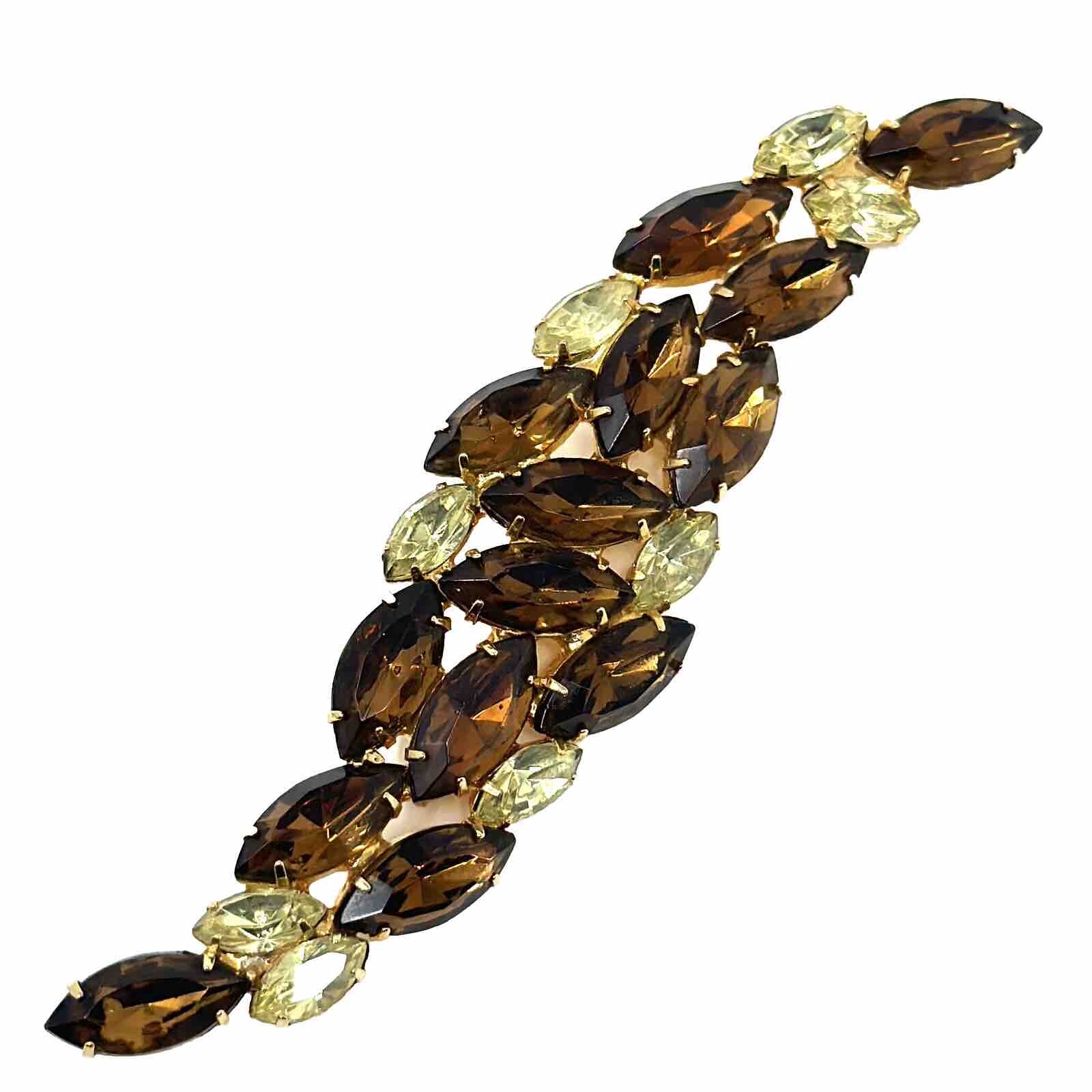 Vintage Juliana Brown Yellow Crystal Rhinestone Gold Tone Navette Brooch Pin