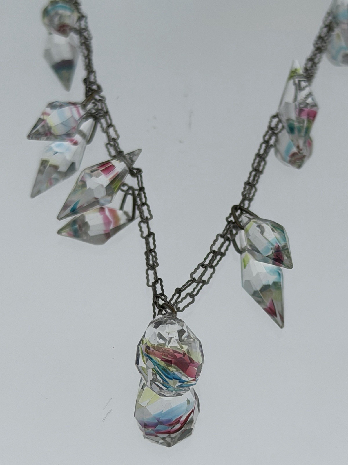 Antique Art Deco Czech Iris Crystal Rainbow Bicone Dangle 17.5″ Necklace