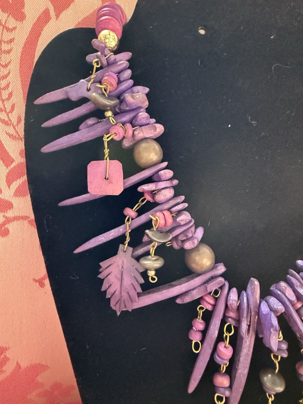 Vintage Funky Spike Purple Wood Leaf Beaded Necklace Tribal Festival Statement