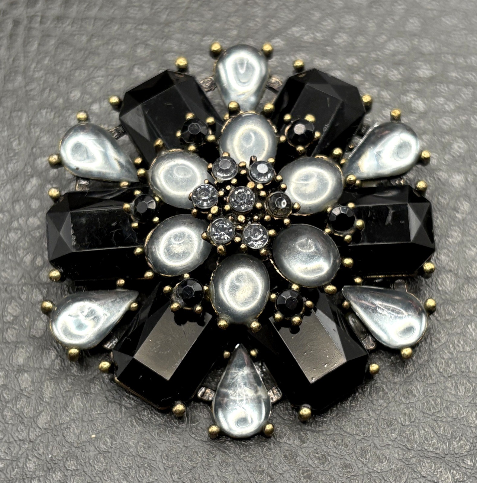 Vintage Black Rhinestone Gray Faux Moonstone Starburst Flower Brooch Pin