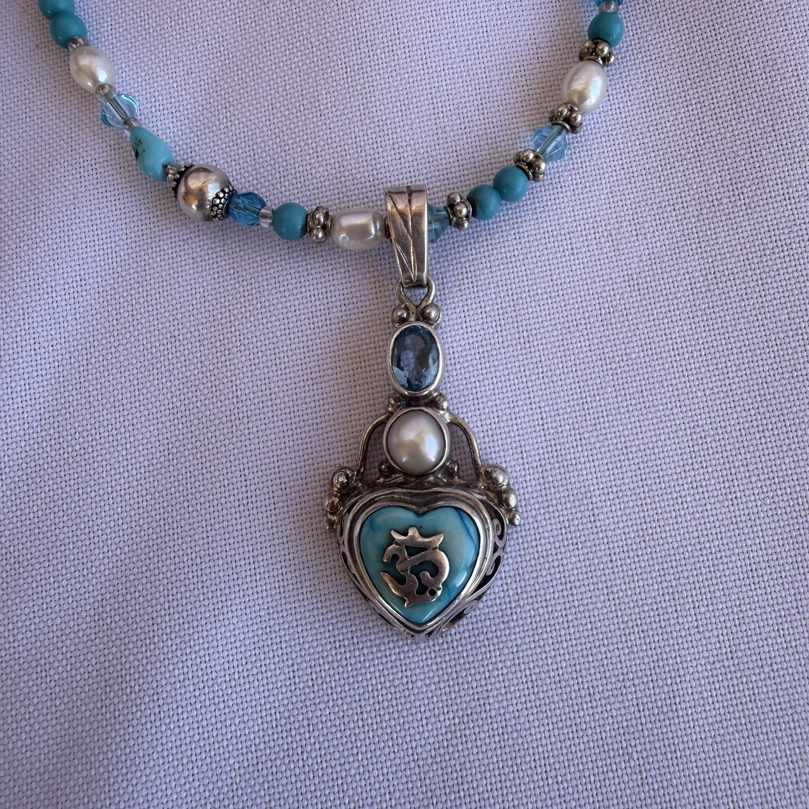 Vintage Signed By Shankari Silver 925 Necklace With Pearl And Aquamarine Stone