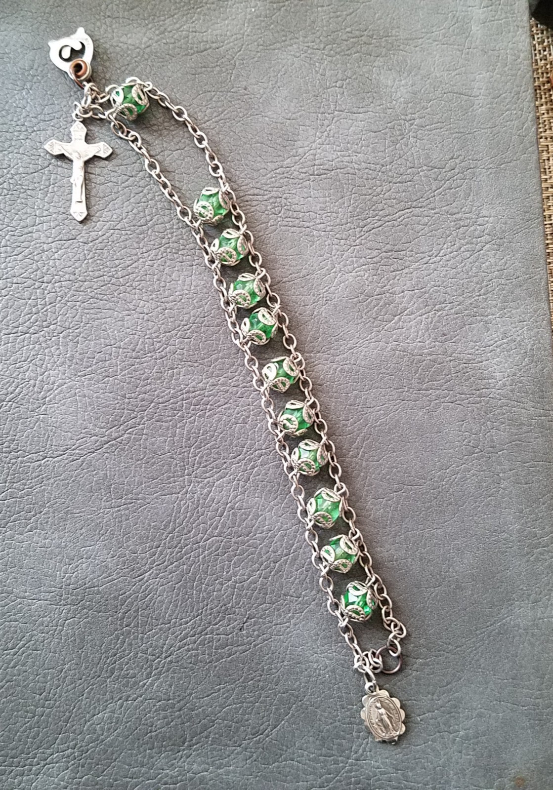 Vintage Sterling Chain Capped Green Bead Rosary Bracelet