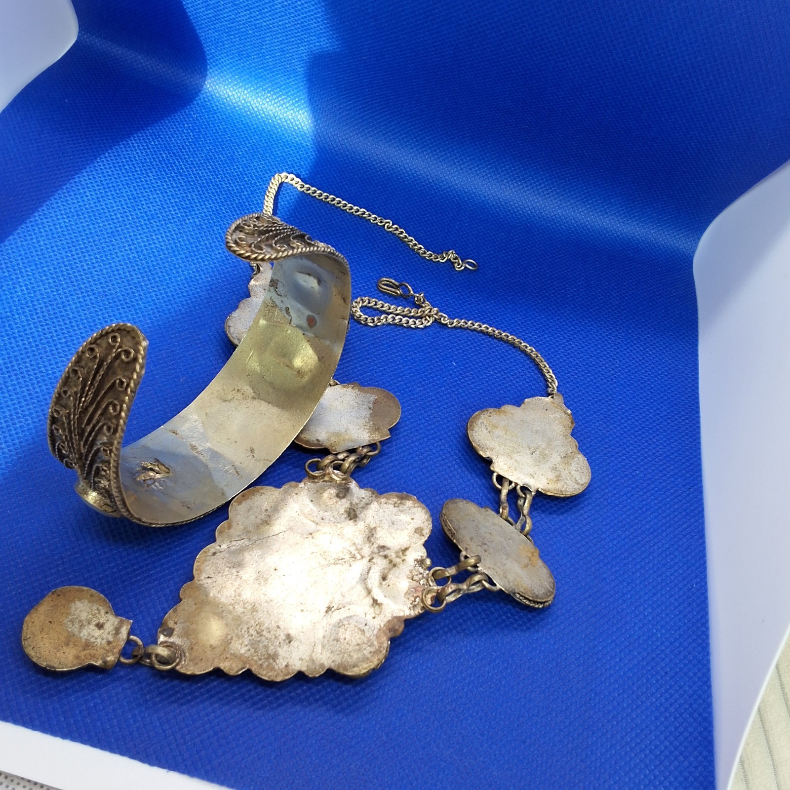 Vintage Tibetan Silver Metal Agate Glass Statement Necklace, Bracelet and Pin