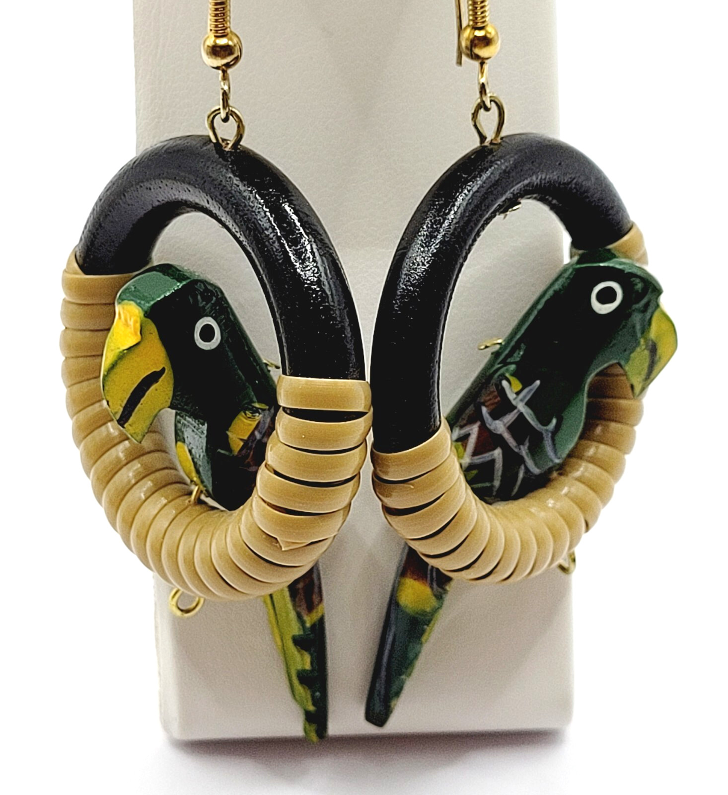 Parrot Macaw Tropical Hand Painted Carved Bird on Hoop Hook Pierced Vtg Earrings