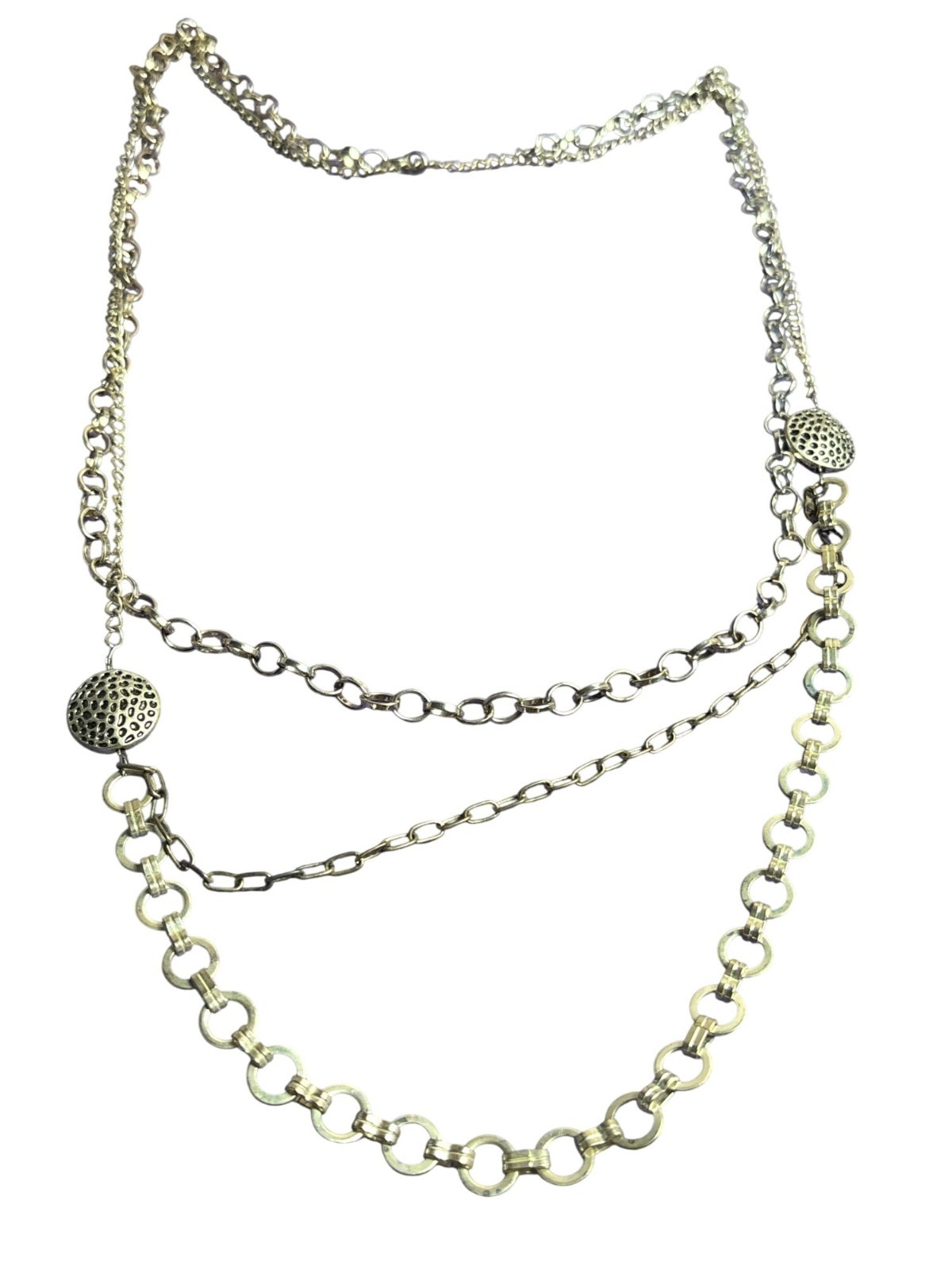 Vintage 3 Strand Silvertone Chain Necklace Textured Station Beads No Clasp