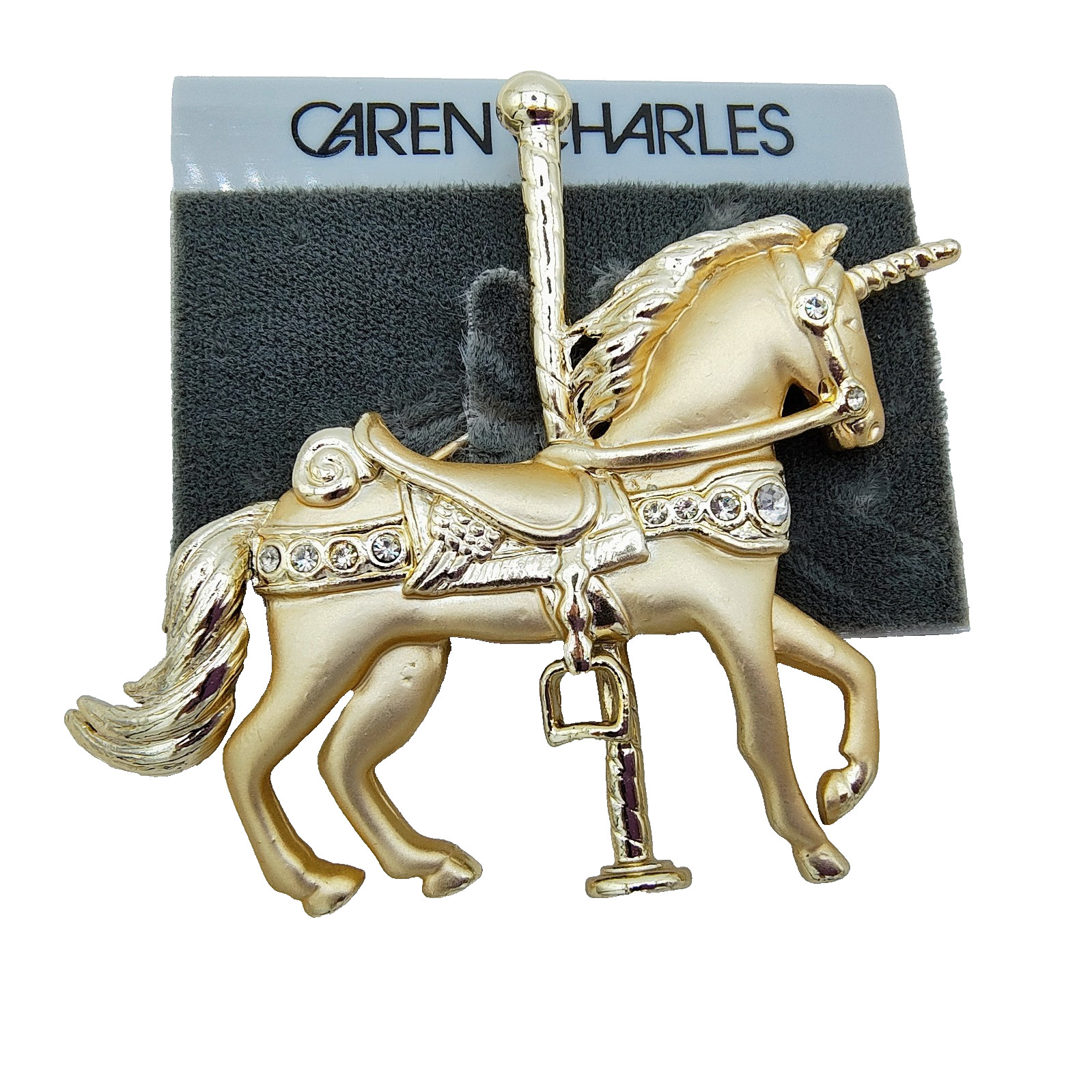 Vintage Caren Charles Unicorn Carousel Horse Brooch Gold Tone Rhinestone Fantasy